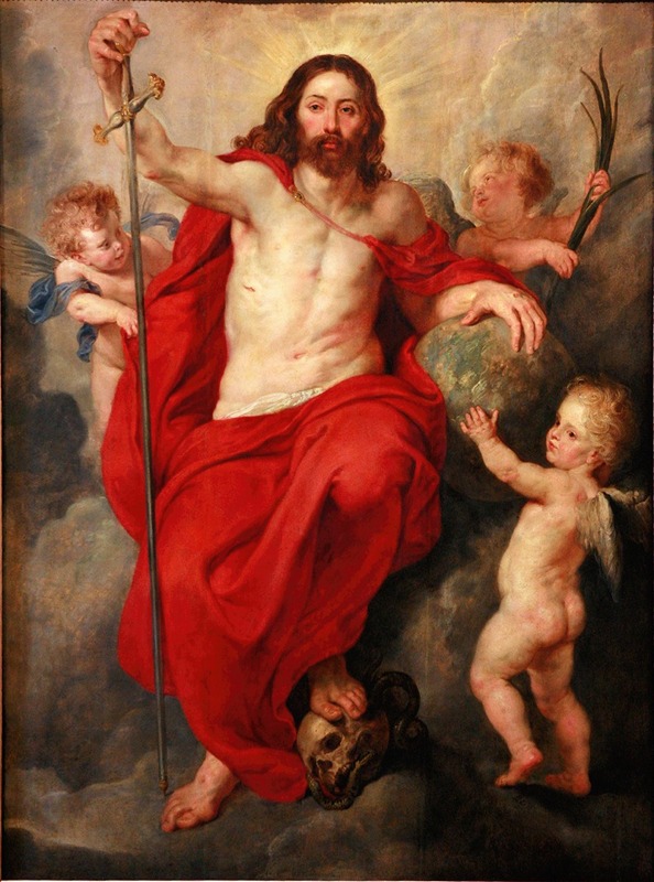 This artwork depicts Christ triumphing over Death and Sin.