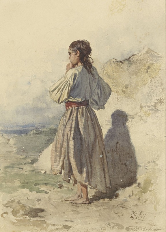 A standing Hungarian woman seen from the back, painted by August von Pettenkofen.