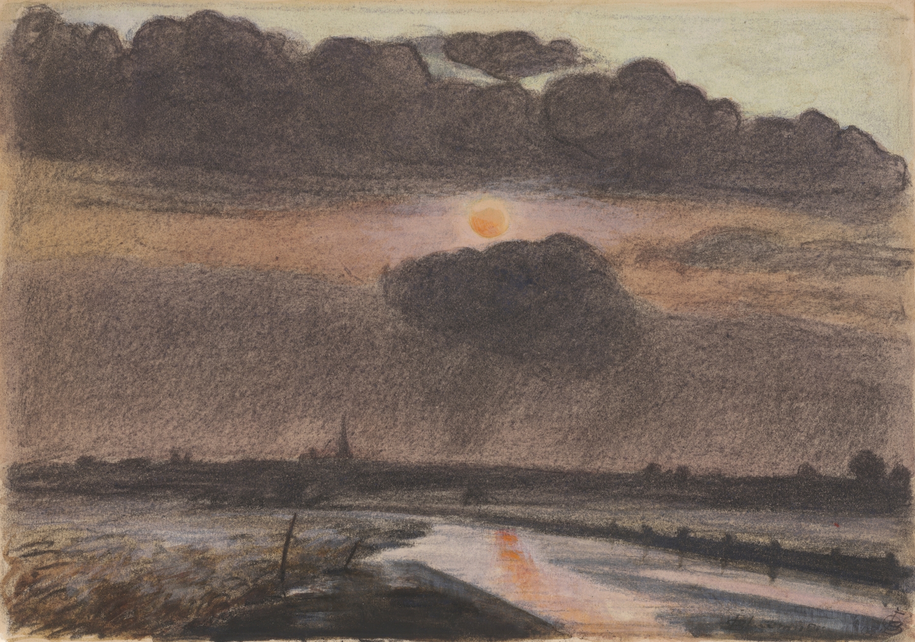 Sunset on the River by Oscar Bluemner, oil on canvas, depicting a river at sunset with golden reflections.