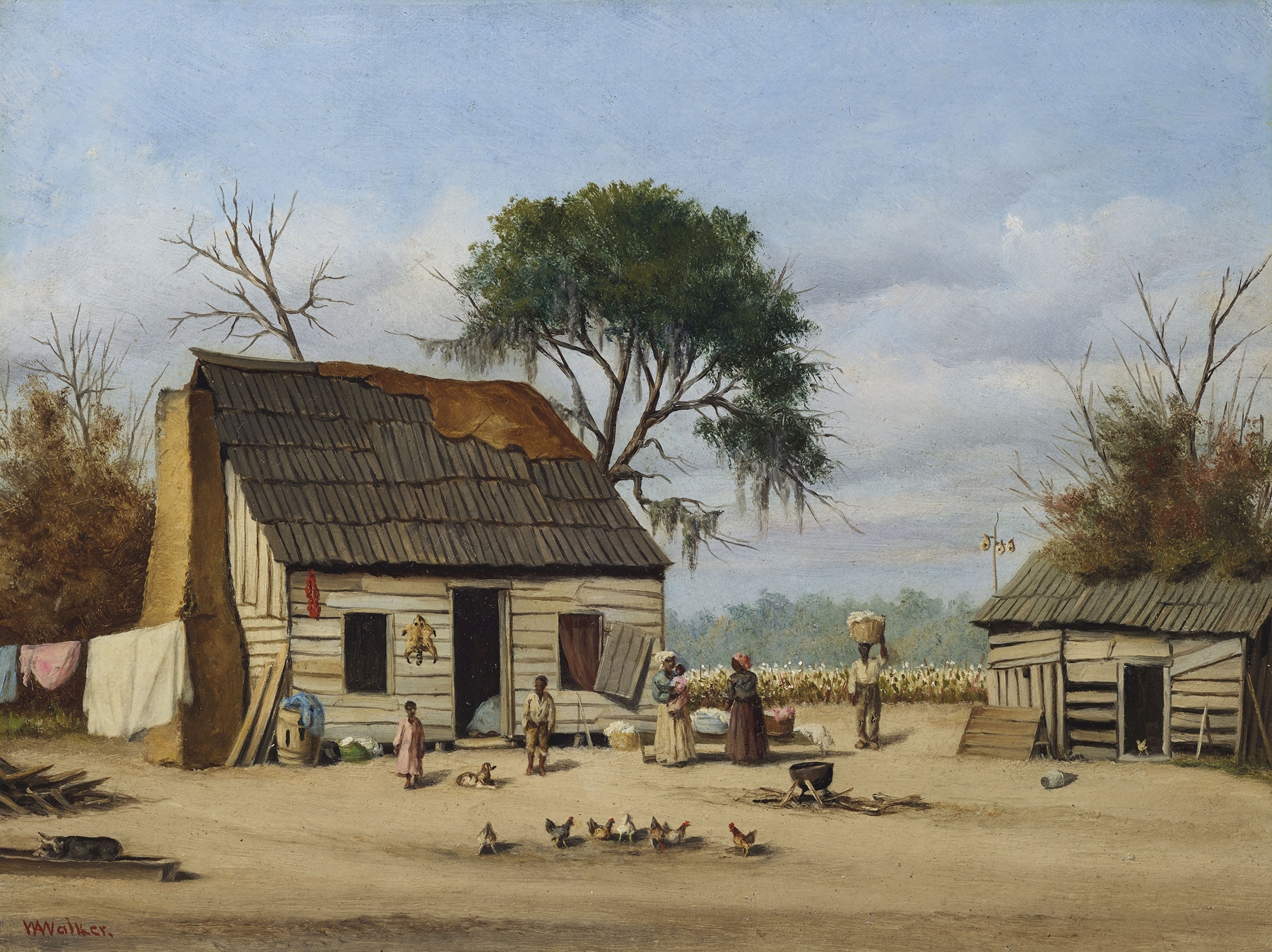 Louisiana Cabin Scene by William Aiken Walker, oil on canvas depicting a cabin in a forest.