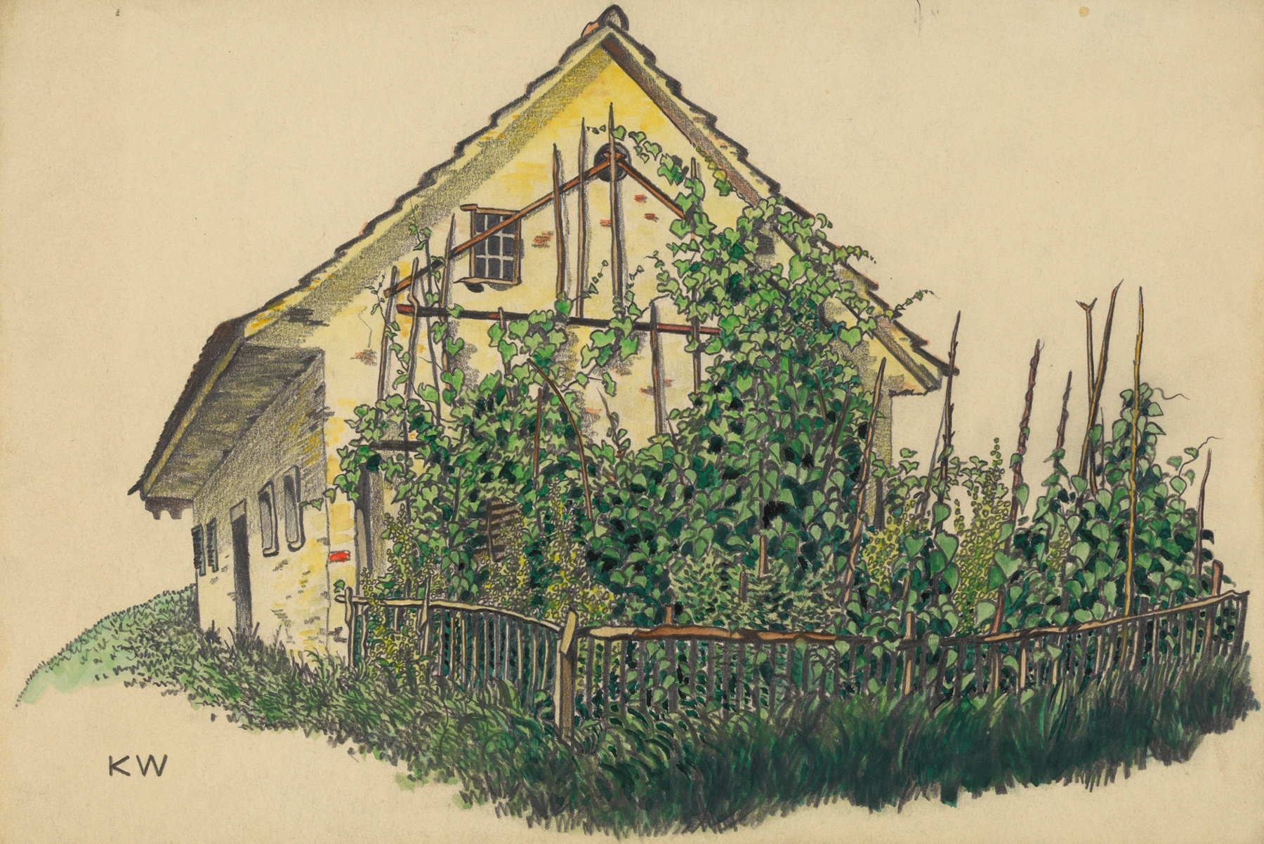 Oil painting by Karl Wiener featuring a rural house and garden.