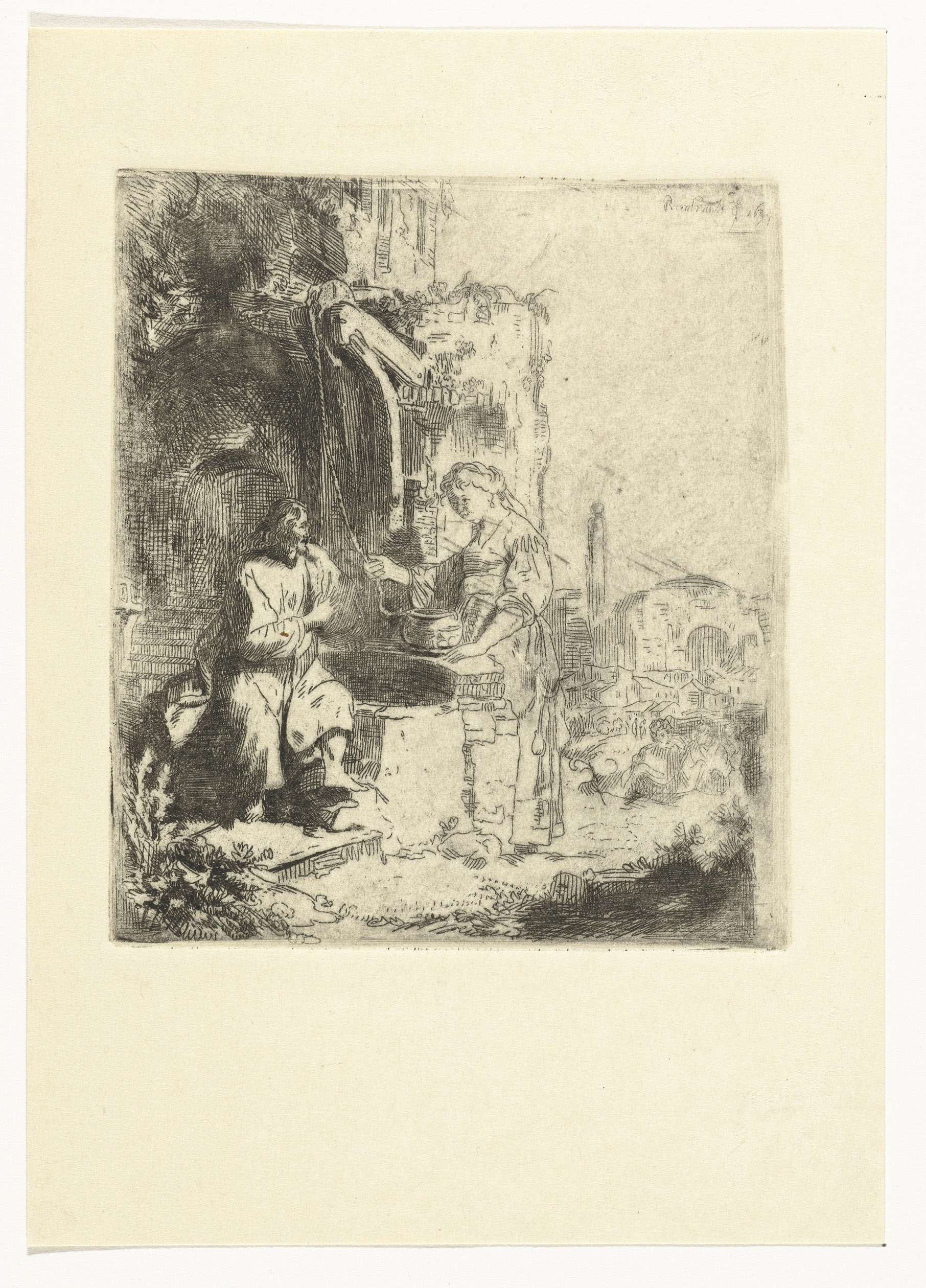 Christ and the Samaritan woman in an etching among ruins, unknown artist