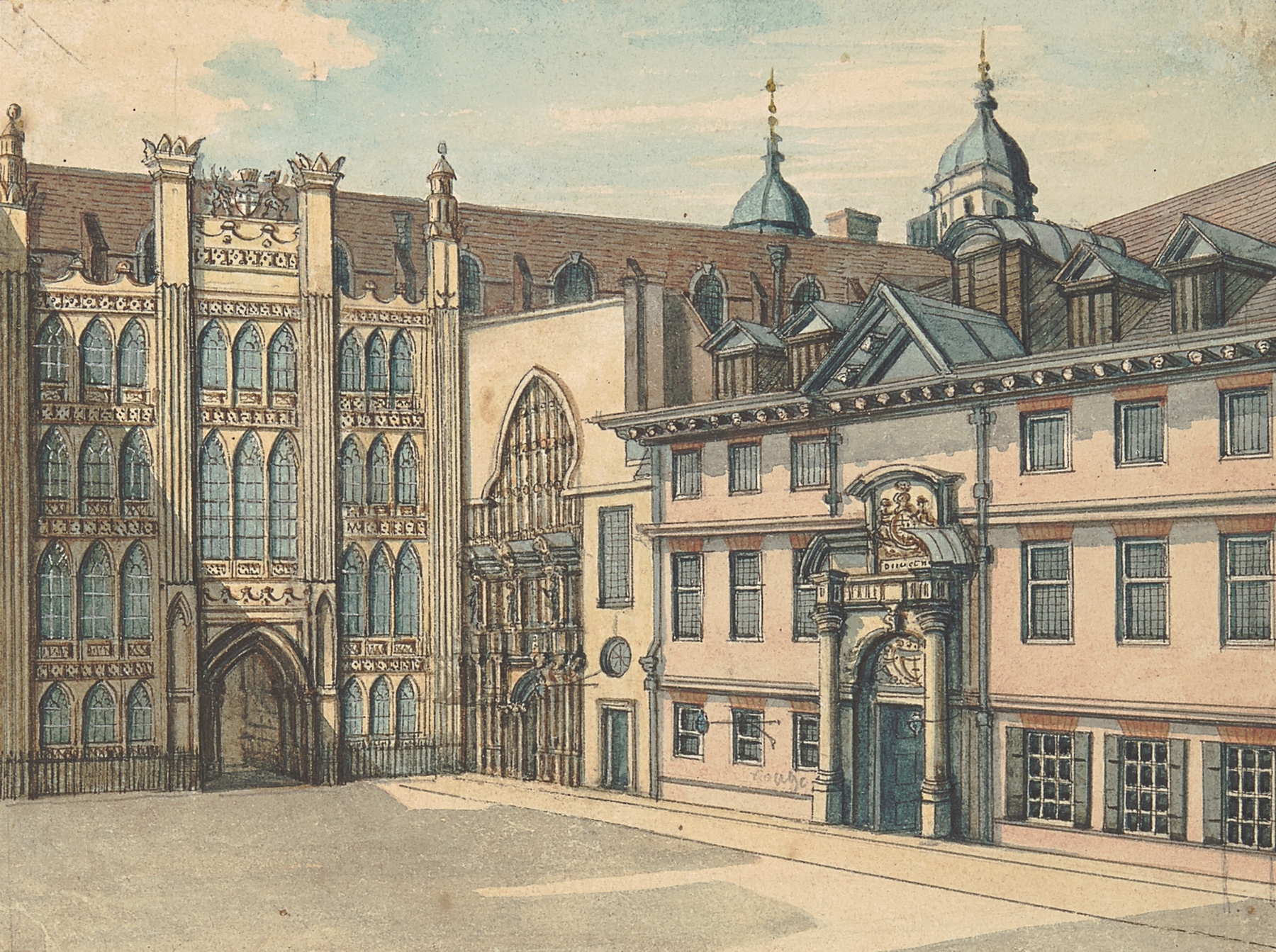Guildhall by Samuel Ireland, oil on canvas depicting an architectural scene with light streaming through an archway.