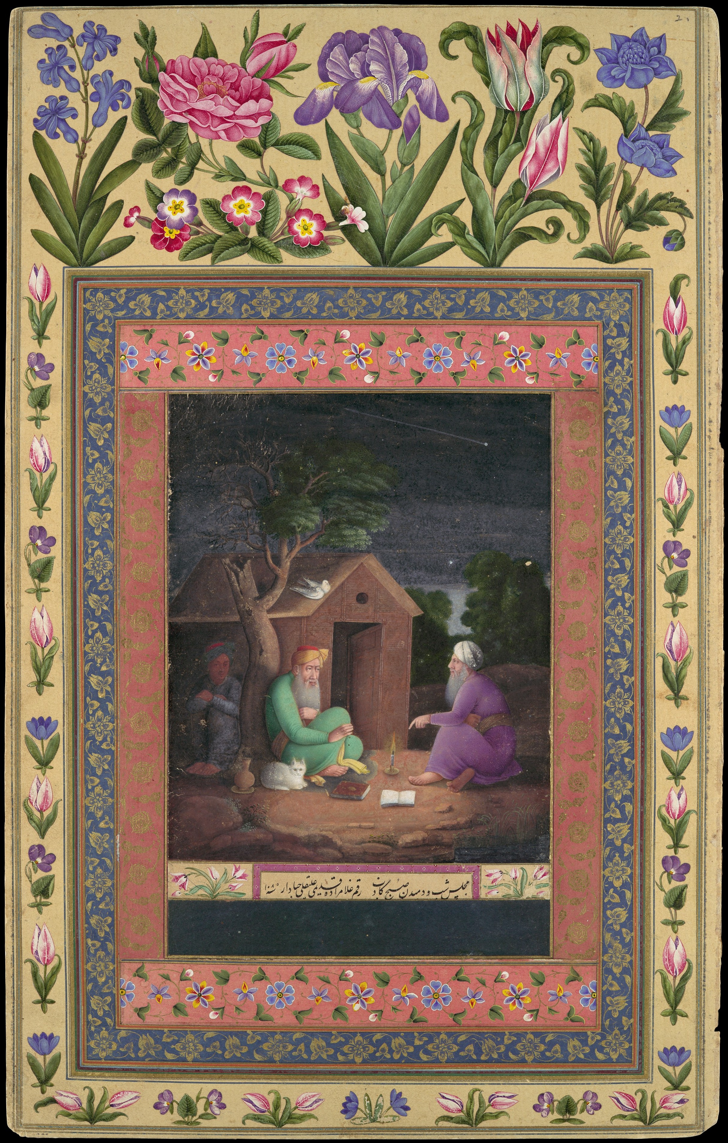 Two figures in gold discussing outside a hut by Ali Quli Jabbadar