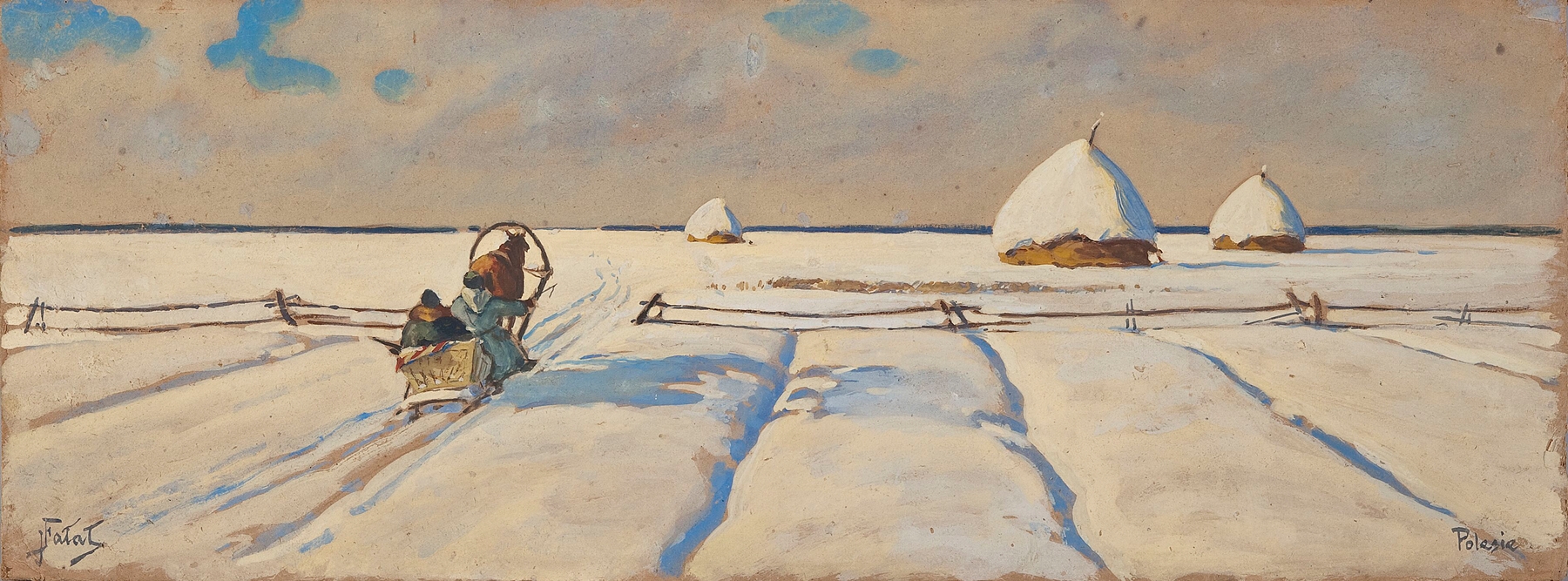 Sleigh in a snowy field, oil on canvas by Julian Falat