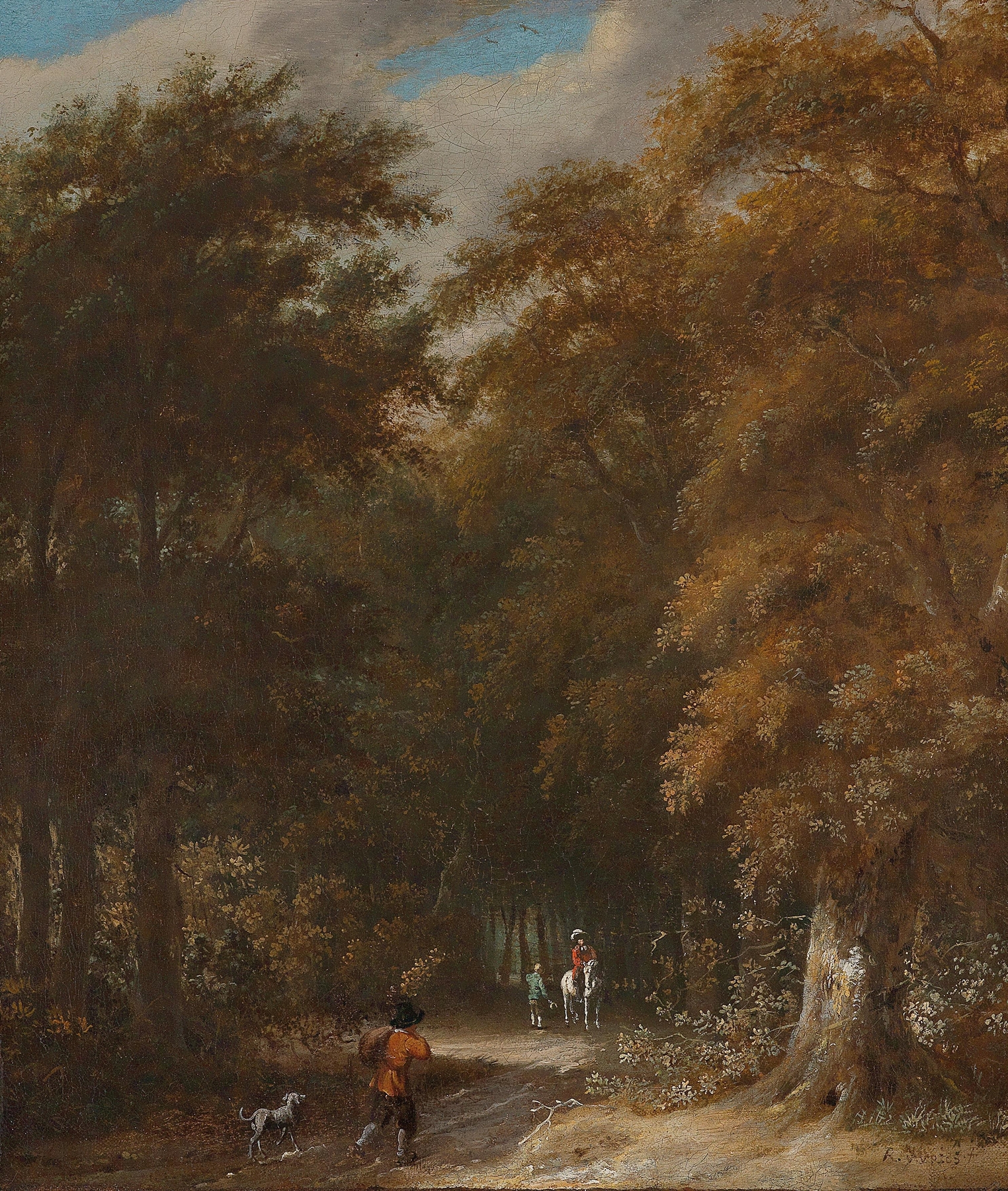 Forest landscape with a traveller and a rider on a white horse, oil painting by Roelof Jansz. van Vries