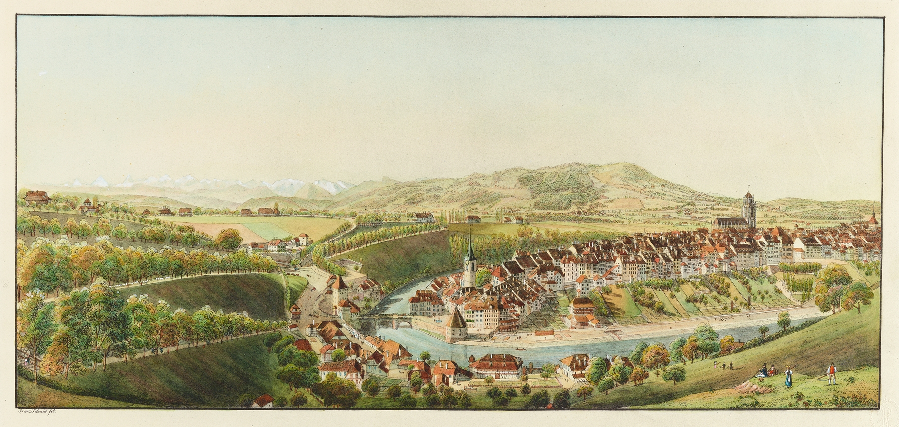 Landscape of Berne with the Aare River, oil painting by Franz Schmid.