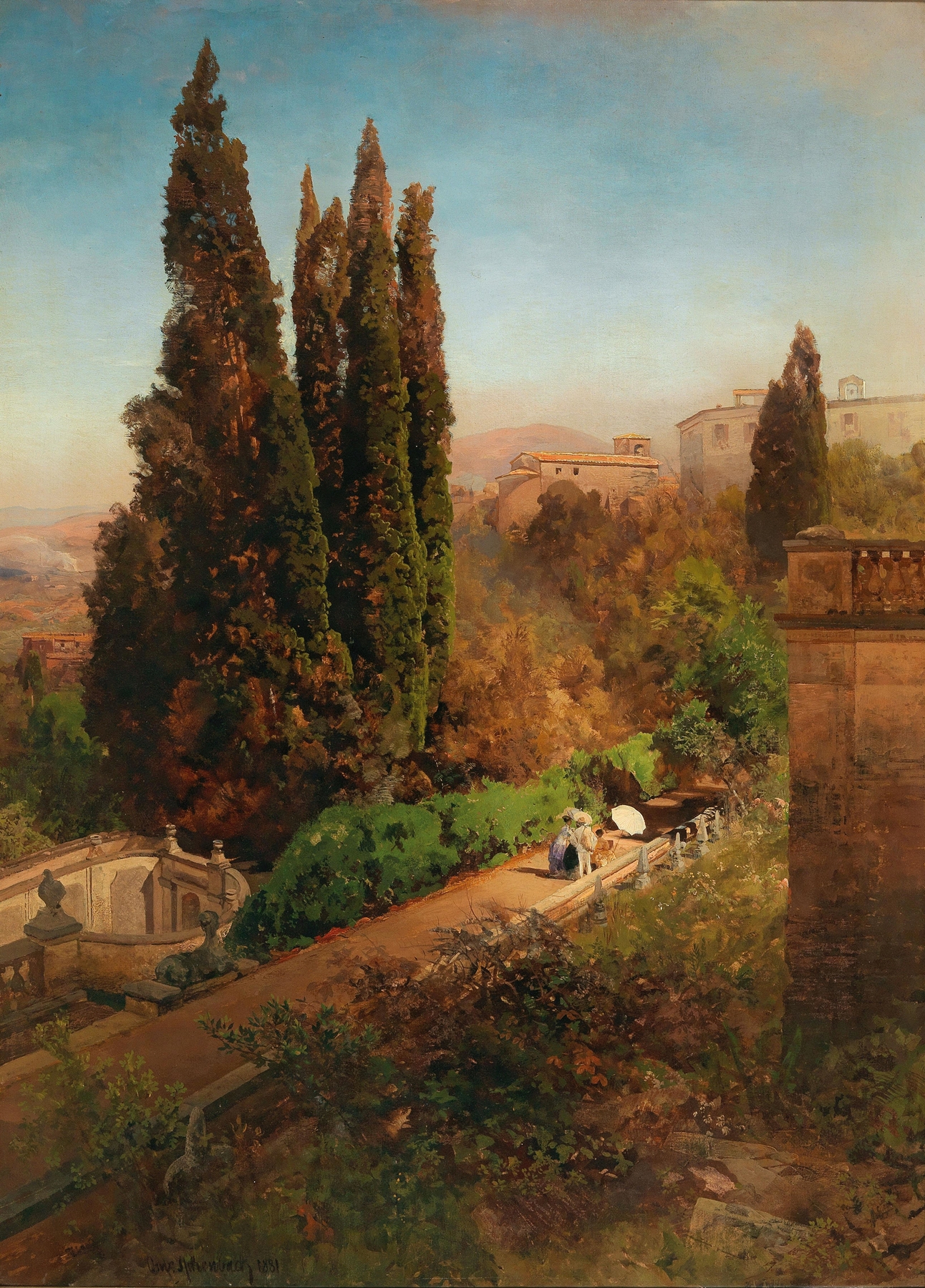 A view of the garden of Villa d’Este in Tivoli, near Rome, by Oswald Achenbach, public domain