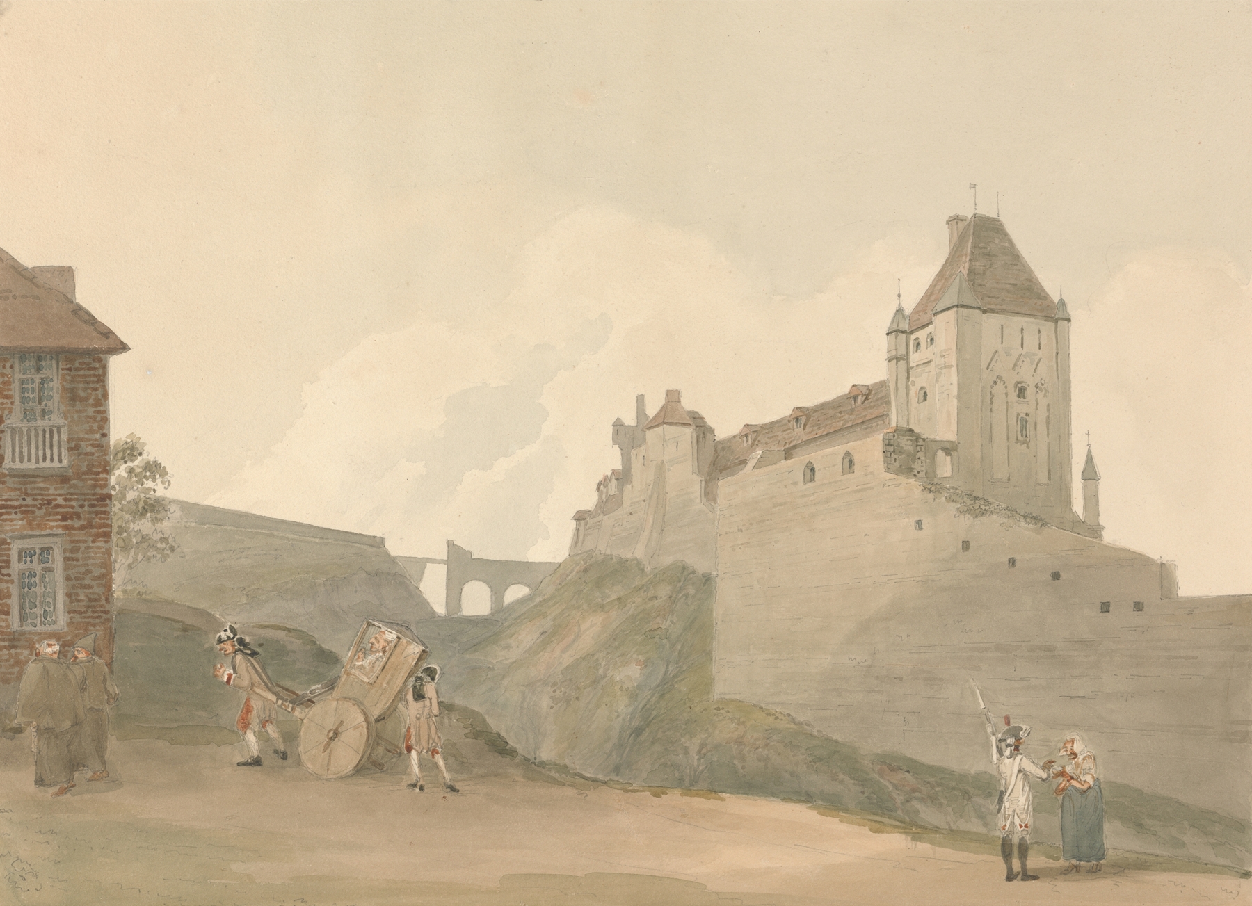 Castle at Dieppe, Normandy by Samuel Davis, oil on canvas depicting a castle against a stormy sky.