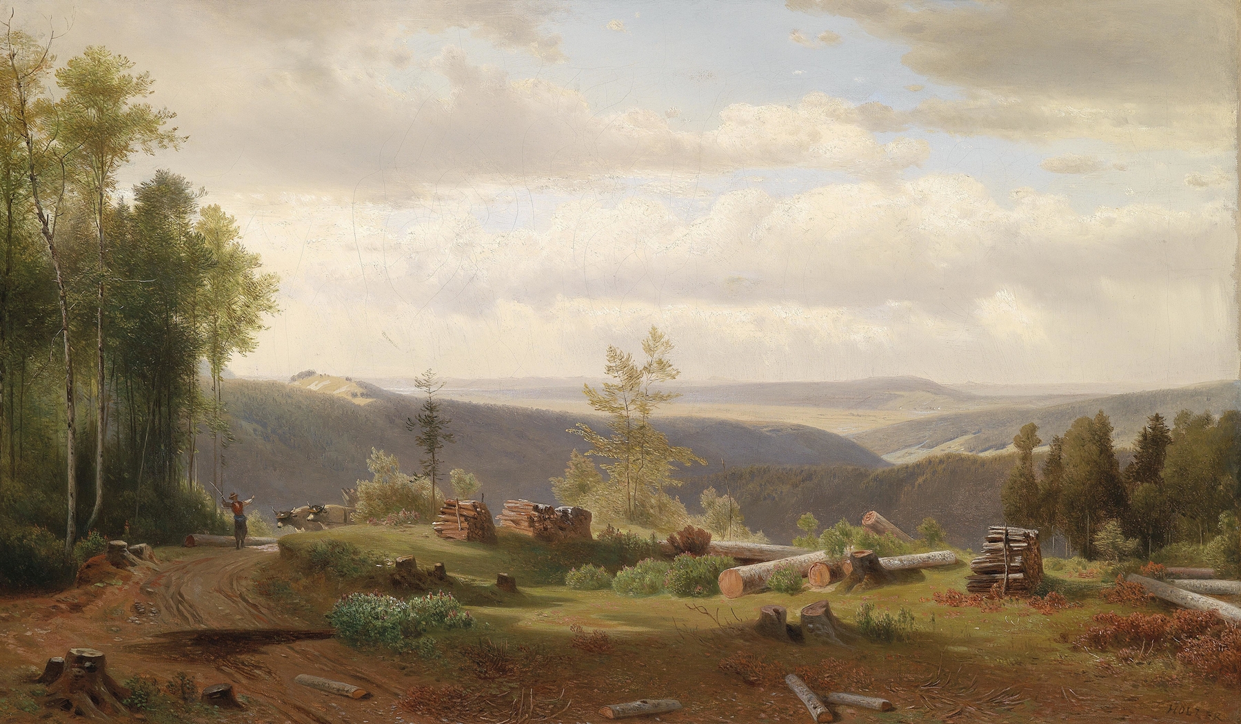 Oil painting by Joseph Holzer depicting a woodland with sunlight and trees