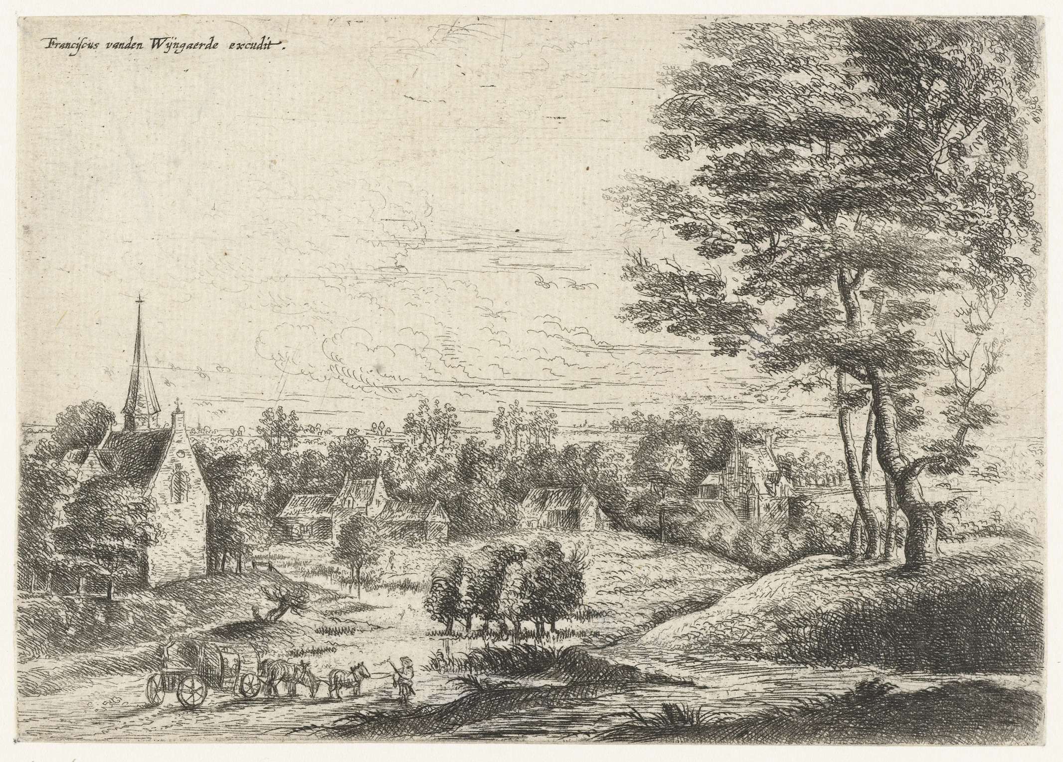 Etching by Lucas van Uden depicting a rural village scene with a huifkar