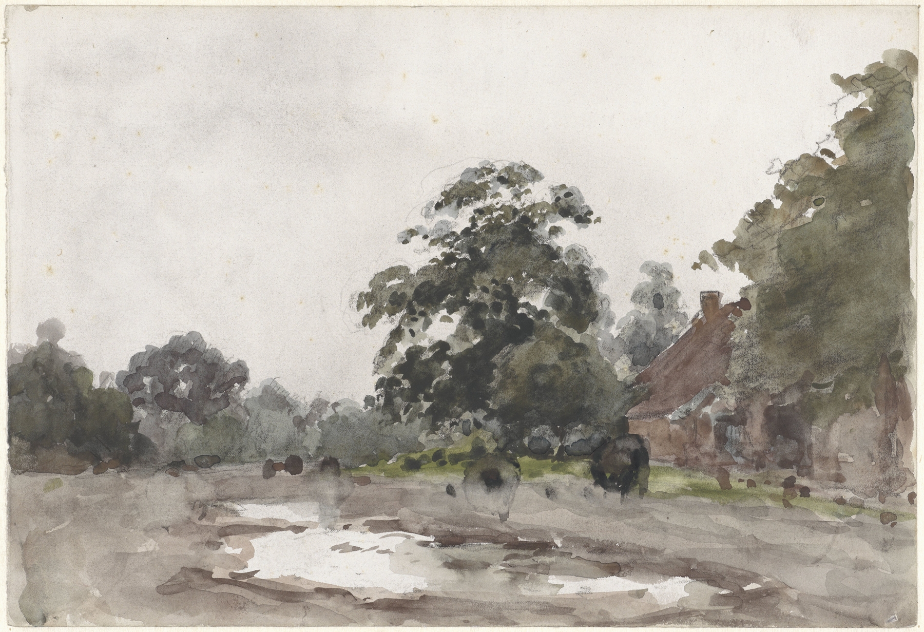 Landscape with farm, water, and trees by Julius Jacobus van de Sande Bakhuyzen, oil painting