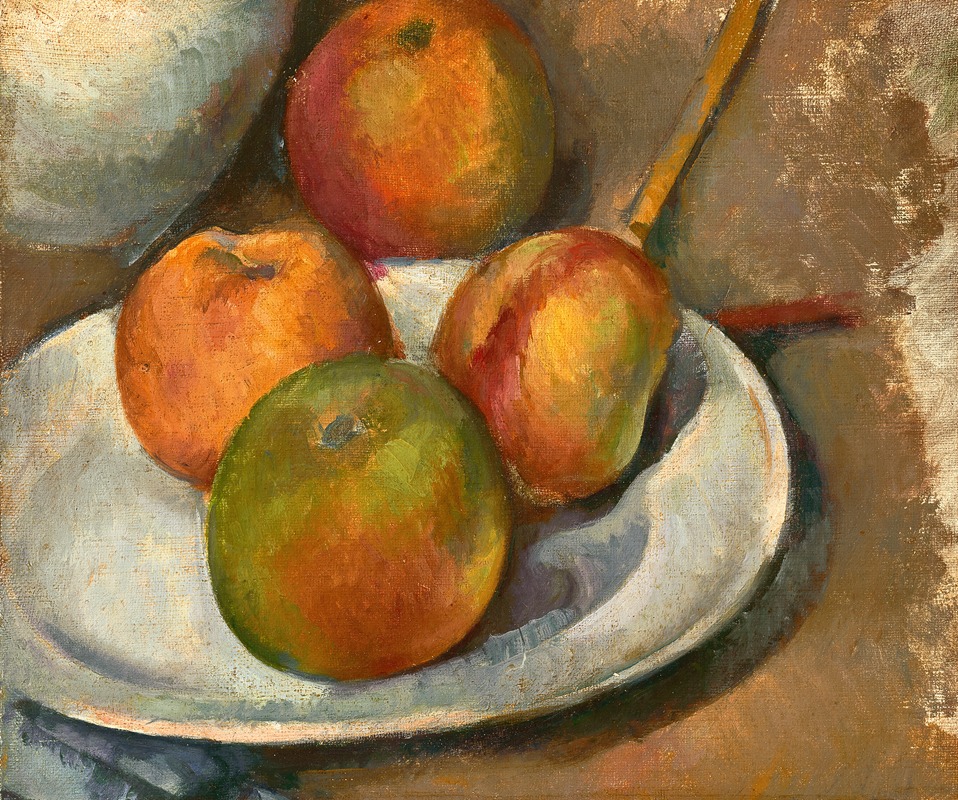 A still life painting featuring four apples and a knife.