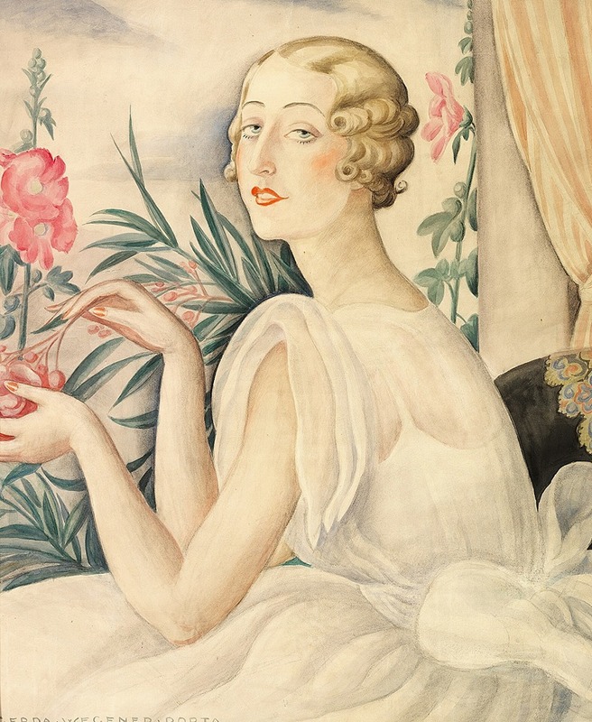 A woman in a white dress sitting by a window.