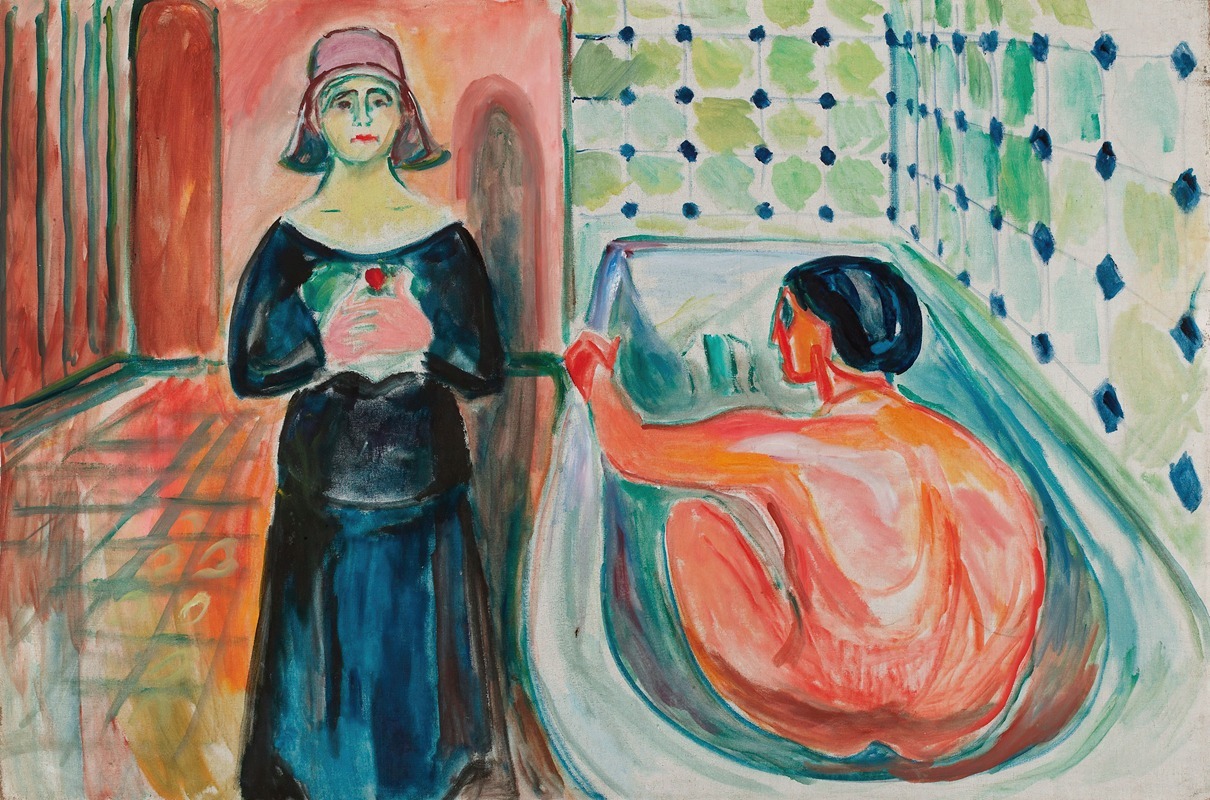 This painting depicts the dramatic moment of Marat's assassination by Charlotte Corday.