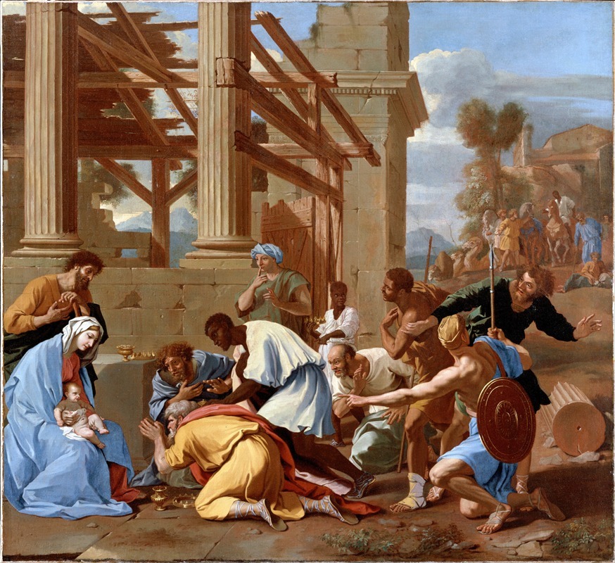 Nicolas Poussin's 'The Adoration Of The Magi' depicts the biblical scene of the Magi presenting gifts to the infant Jesus.