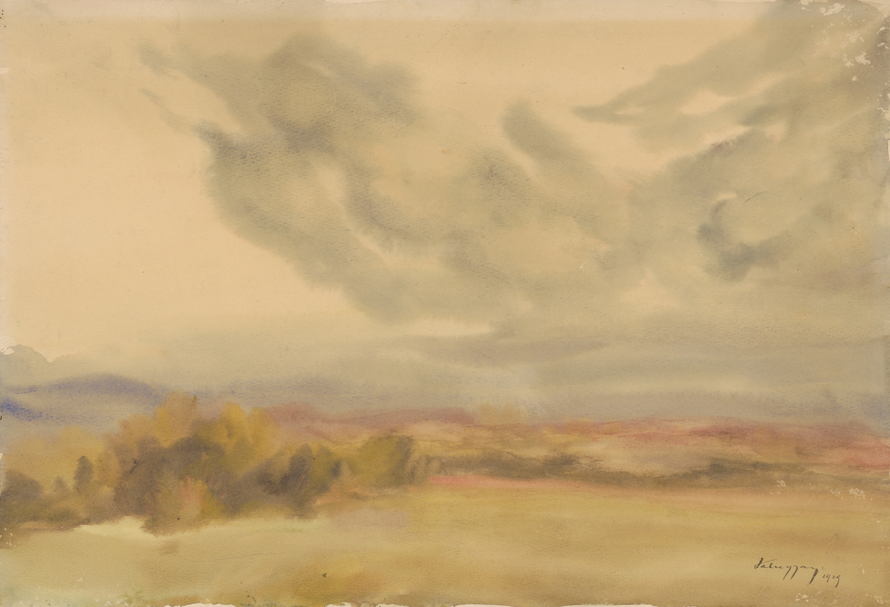 Clouds over a Plain by Zolo Palugyay, impressionism, swirling clouds over a vast plain.