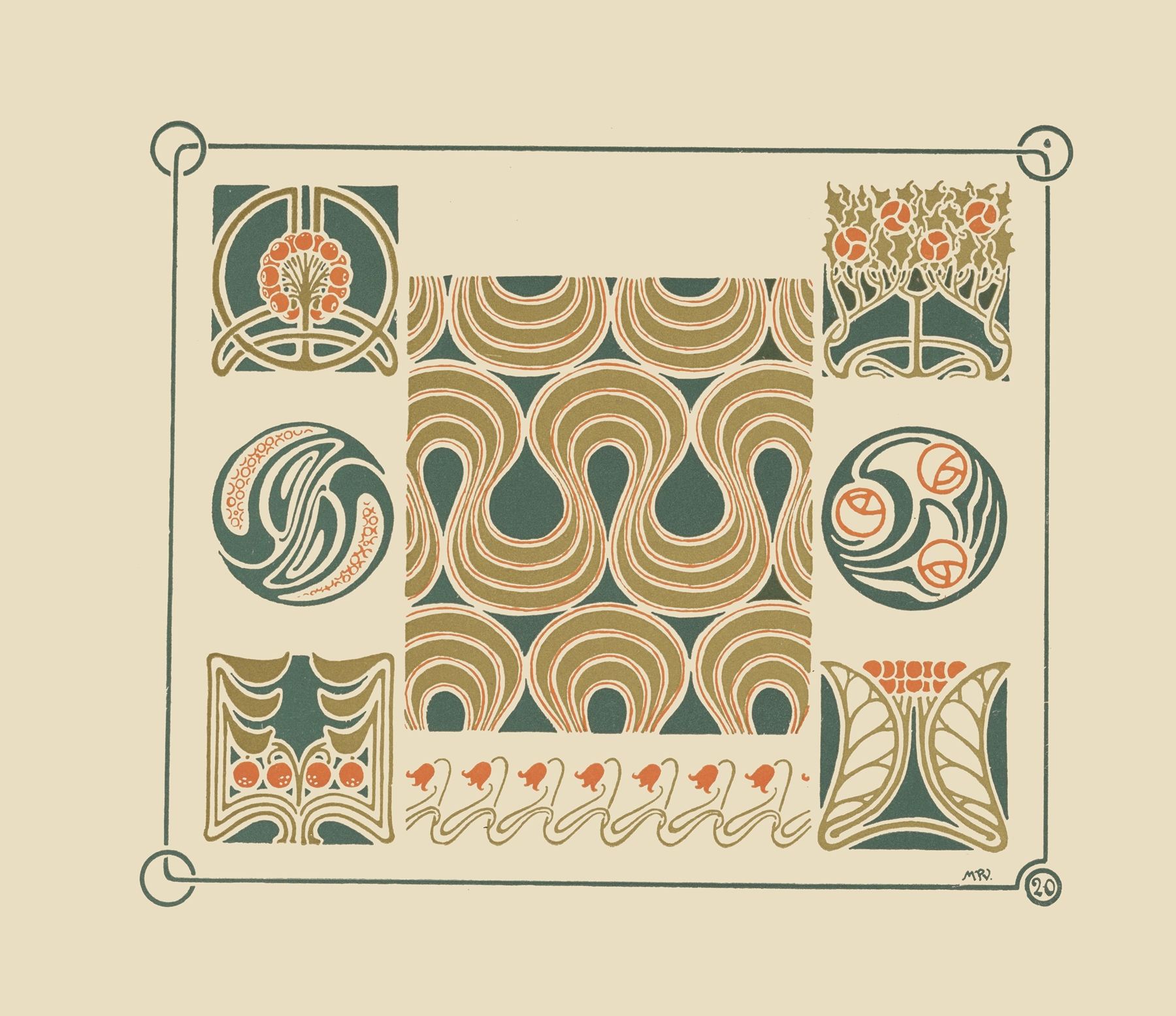 Abstract design based on flower buds, berries, tulips, by Maurice Pillard Verneuil, public domain