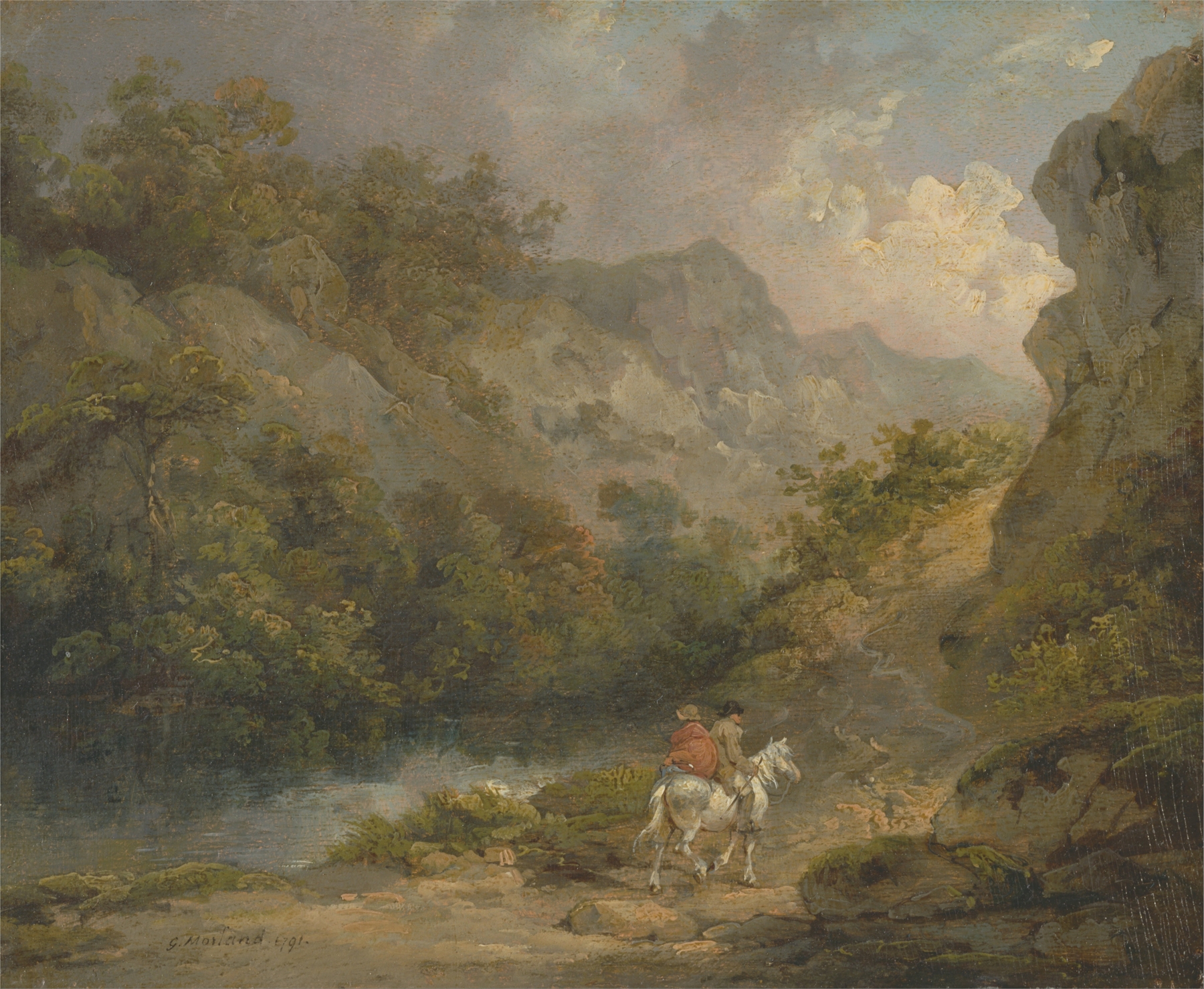 Rocky landscape with two men on a horse, oil painting by George Morland
