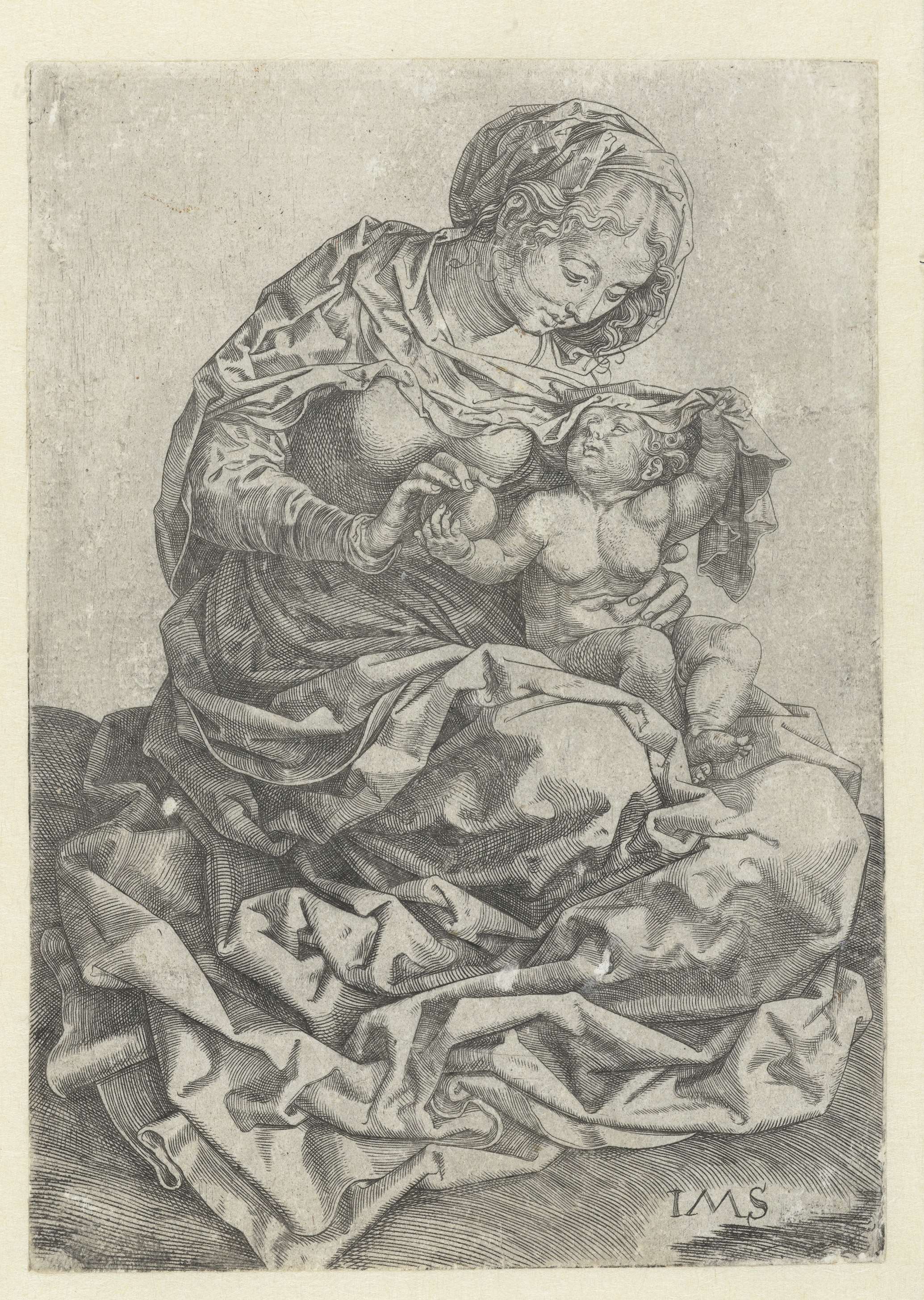 Engraving of Madonna with child by Jan Gossart, showcasing their divine connection.