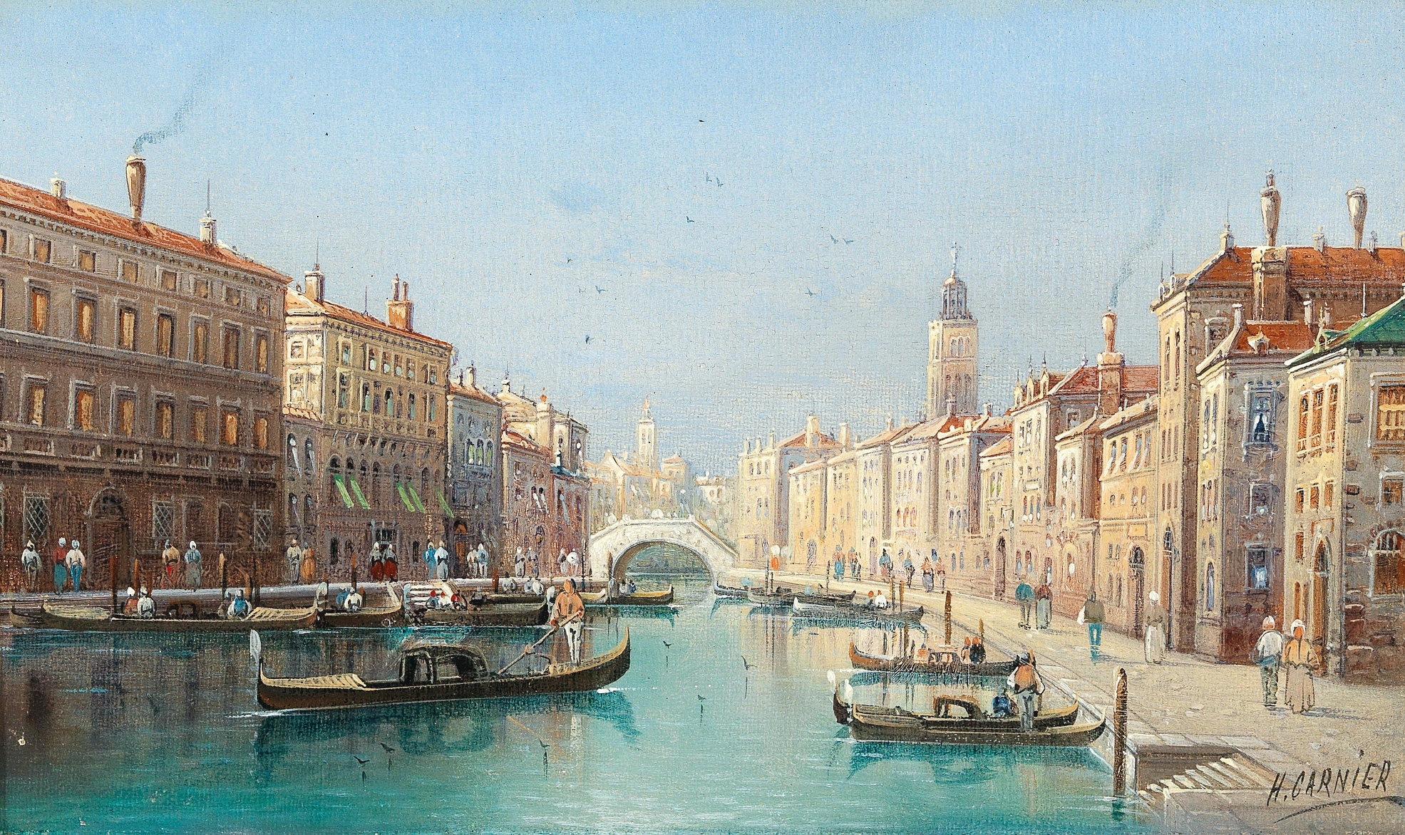 Venetian Scene III by Karl Kaufmann, oil on canvas depicting a tranquil dawn over water.