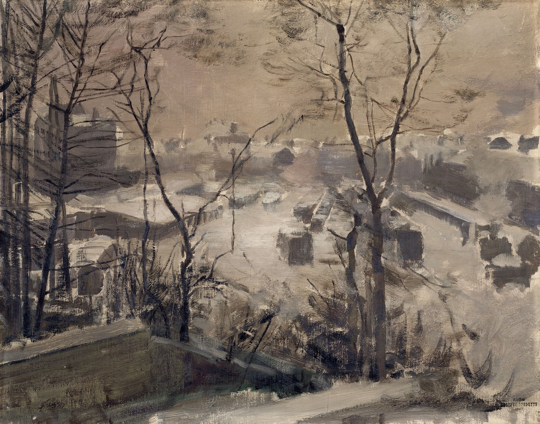 Snow-covered Suburb by Gustave Den Duyts, oil on canvas depicting a tranquil winter village scene