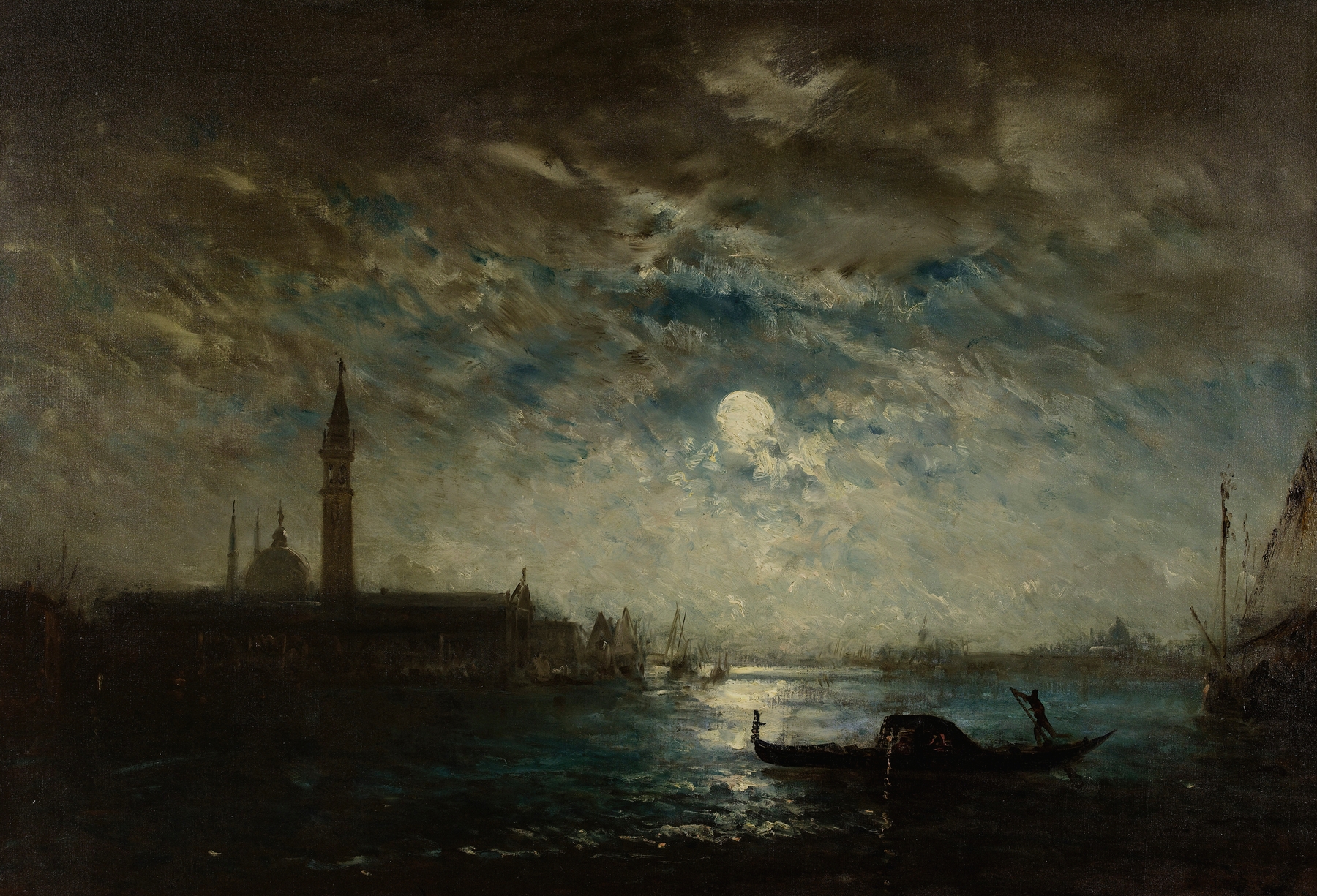 Moonlight over water with the Campanile reflected, oil painting by Félix Ziem