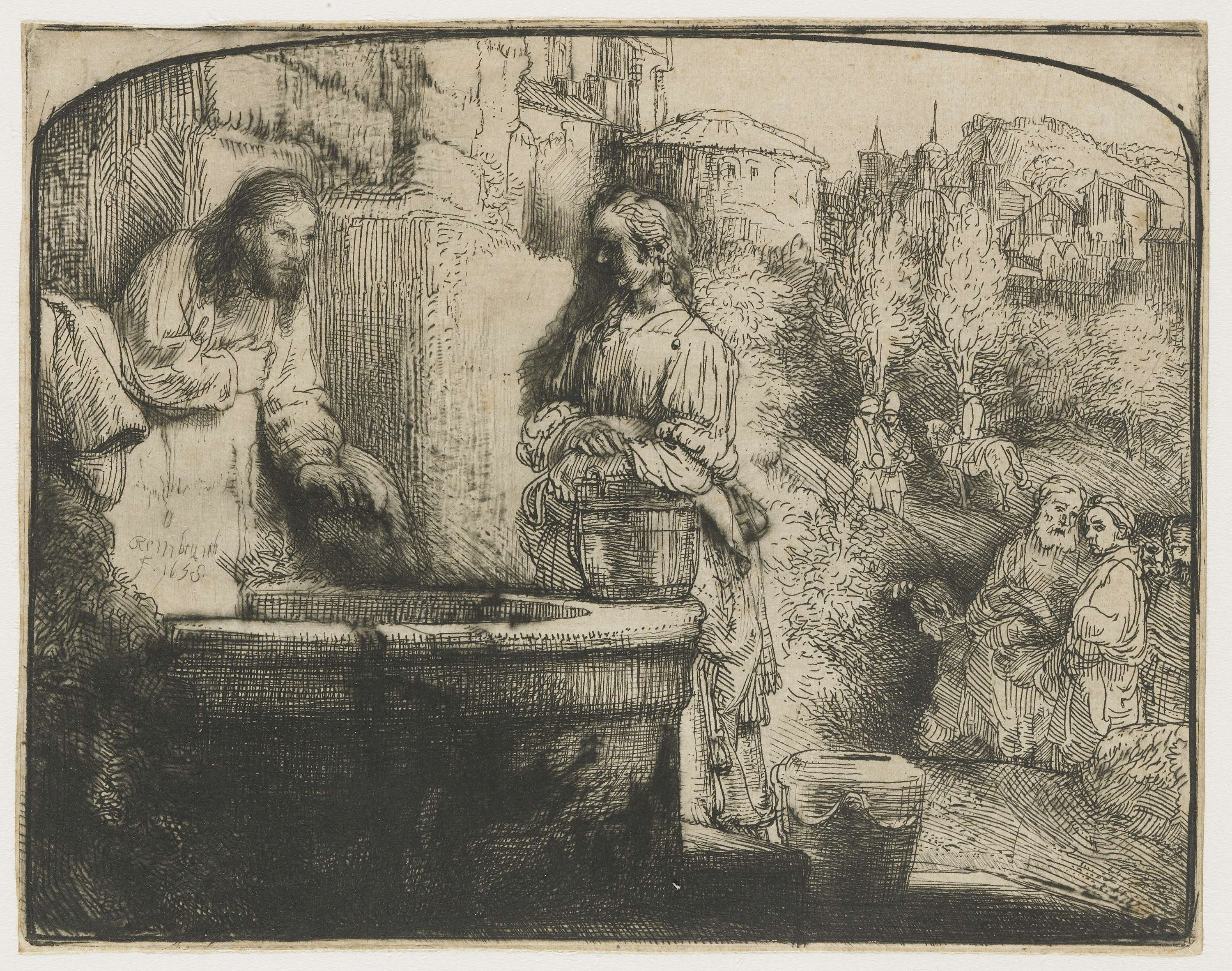Christ and the Woman of Samaria, etching by Rembrandt van Rijn