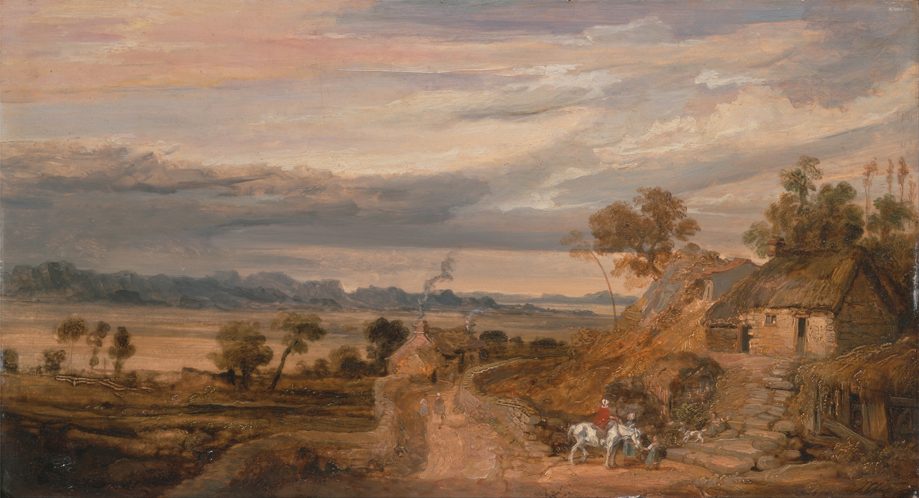 Landscape with Cottages by James Ward, oil on canvas depicting hills and cottages.