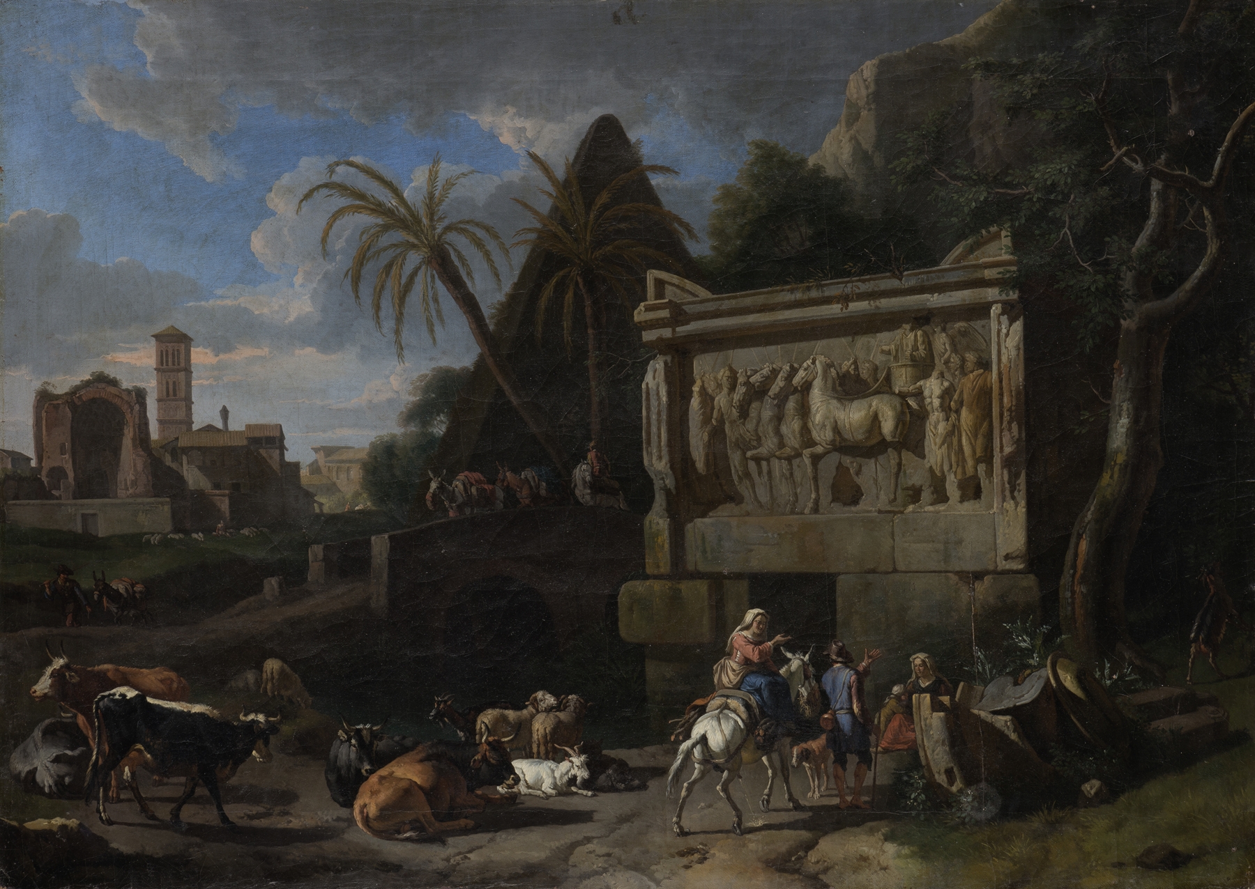 Landscape with Ancient Ruins, a Resting Flock in the Front, oil on canvas by Pieter van Bloemen