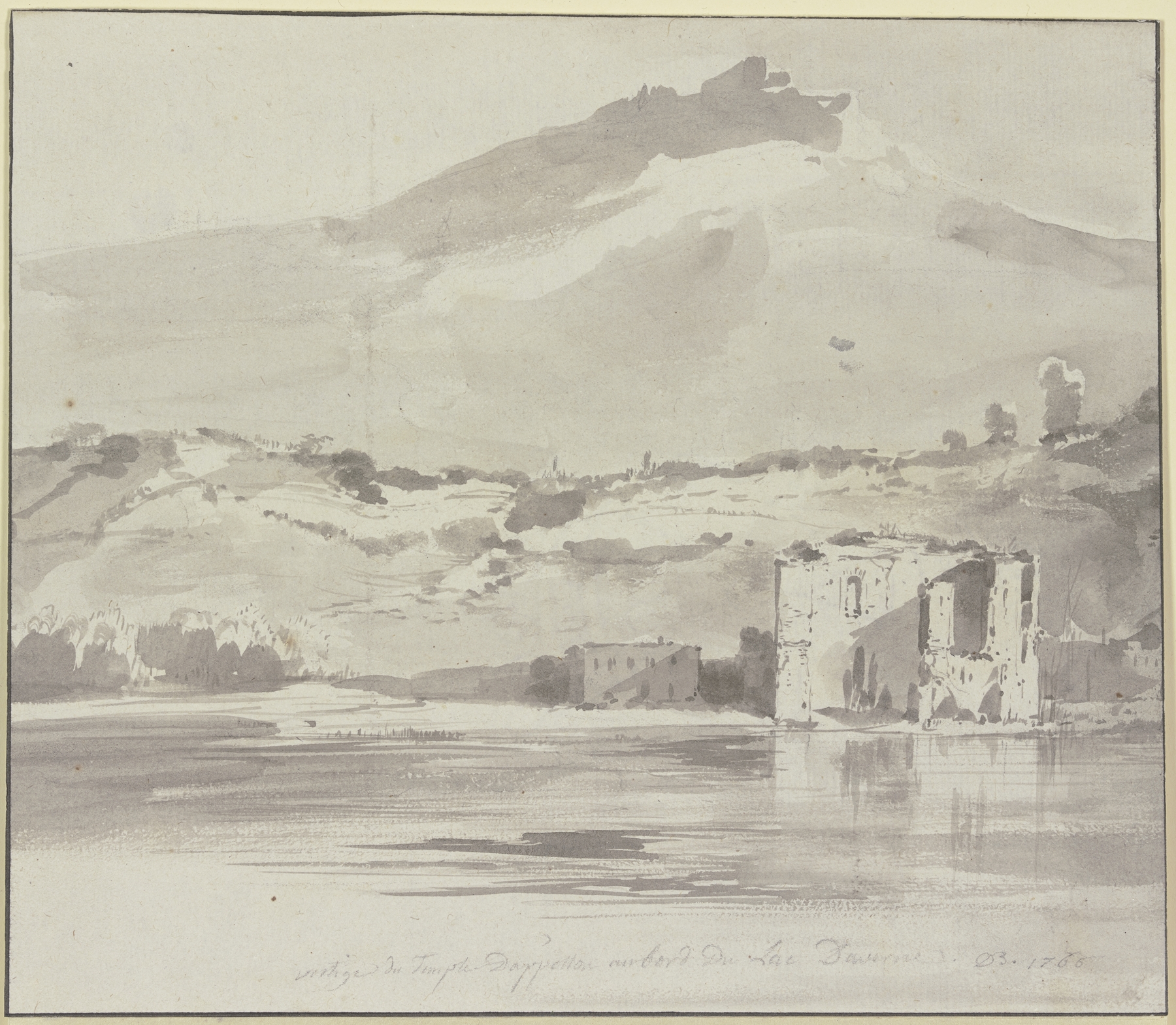 Engraving by Jean-Jacques de Boissieu depicting a lake with a temple at sunset.