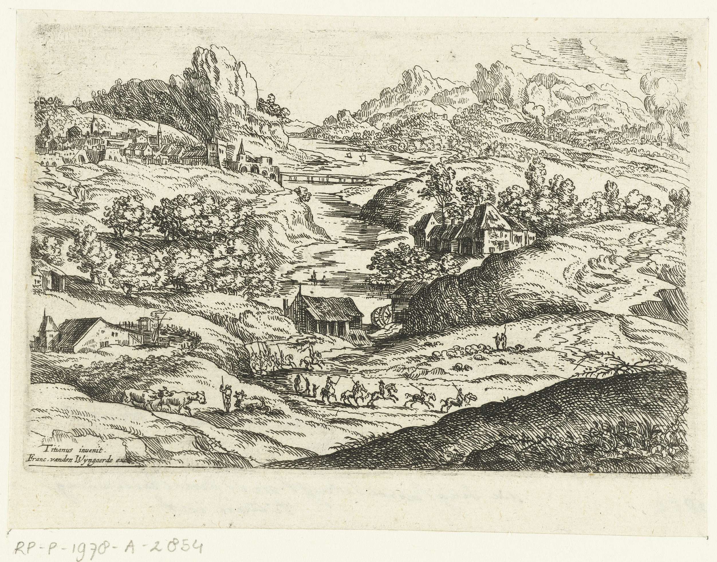 Landschap met ruiters, etching by Lucas van Uden, depicting riders and trees in soft light.