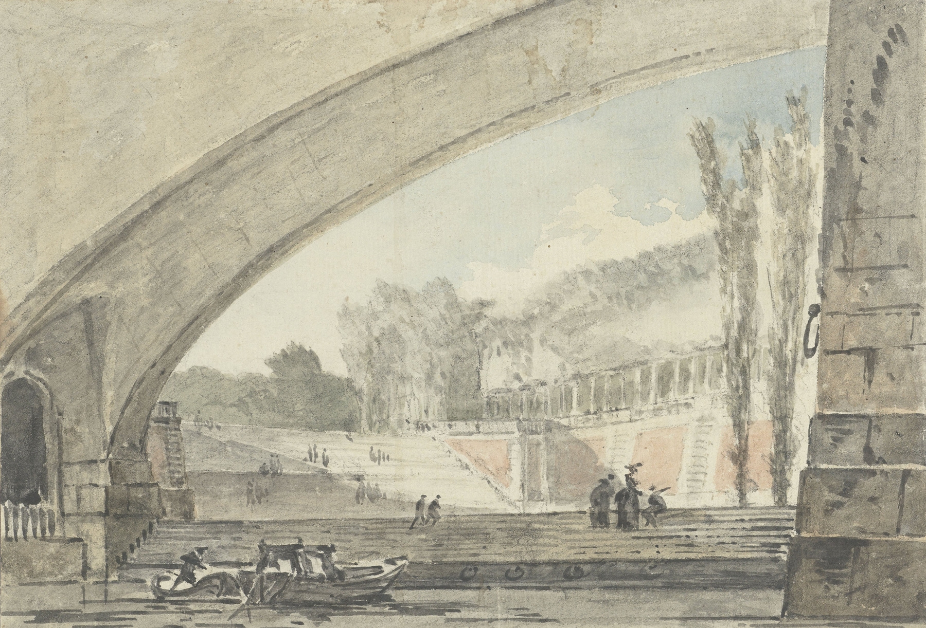 Engraving by Louis Gabriel Moreau depicting a landscape with a bridge and terraces.