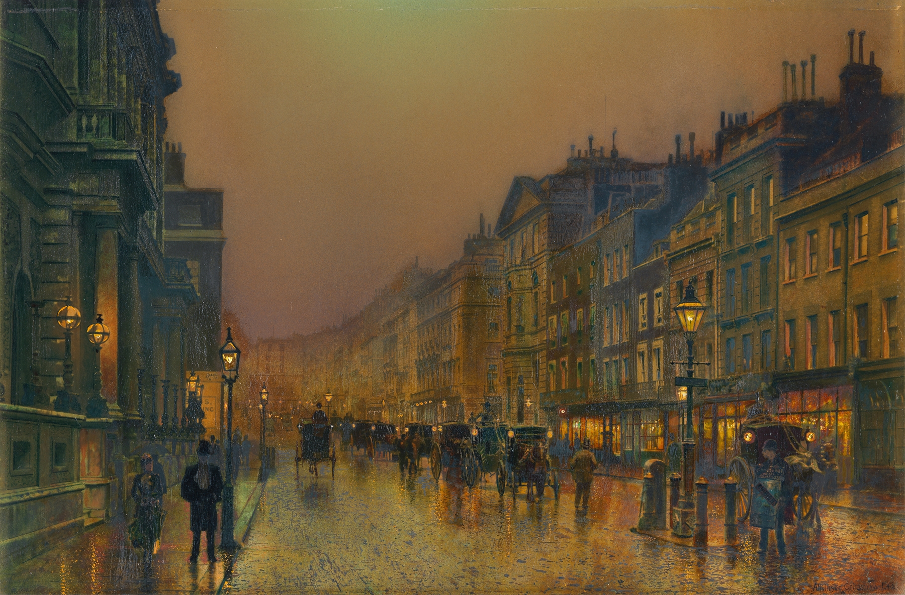 Oil painting by John Atkinson Grimshaw depicting a twilight street with lamplight.