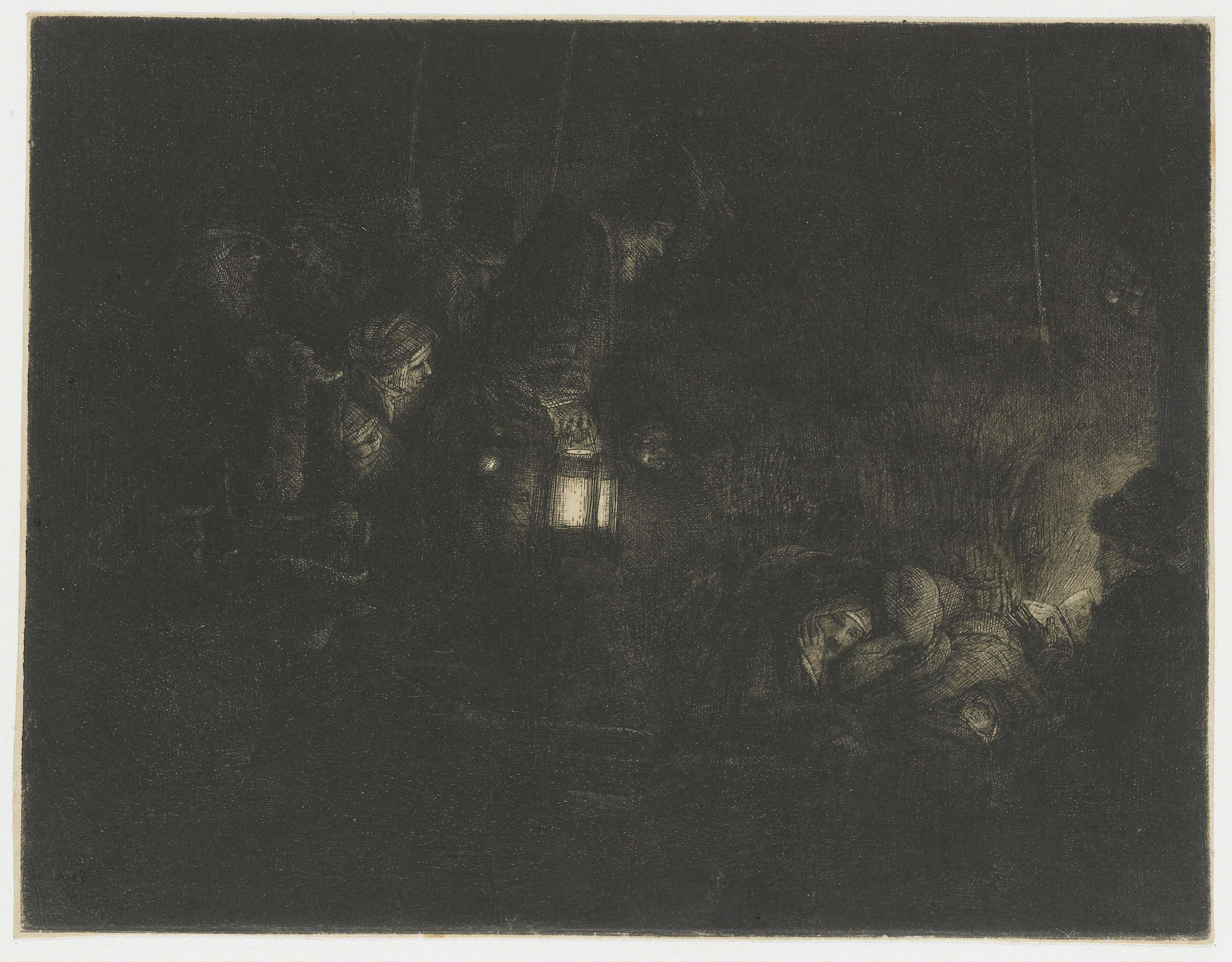 Etching by Rembrandt van Rijn depicting shepherds around the newborn child in a stable.