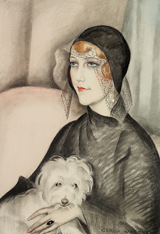 A portrait of a young woman in a black hat with a small white dog.