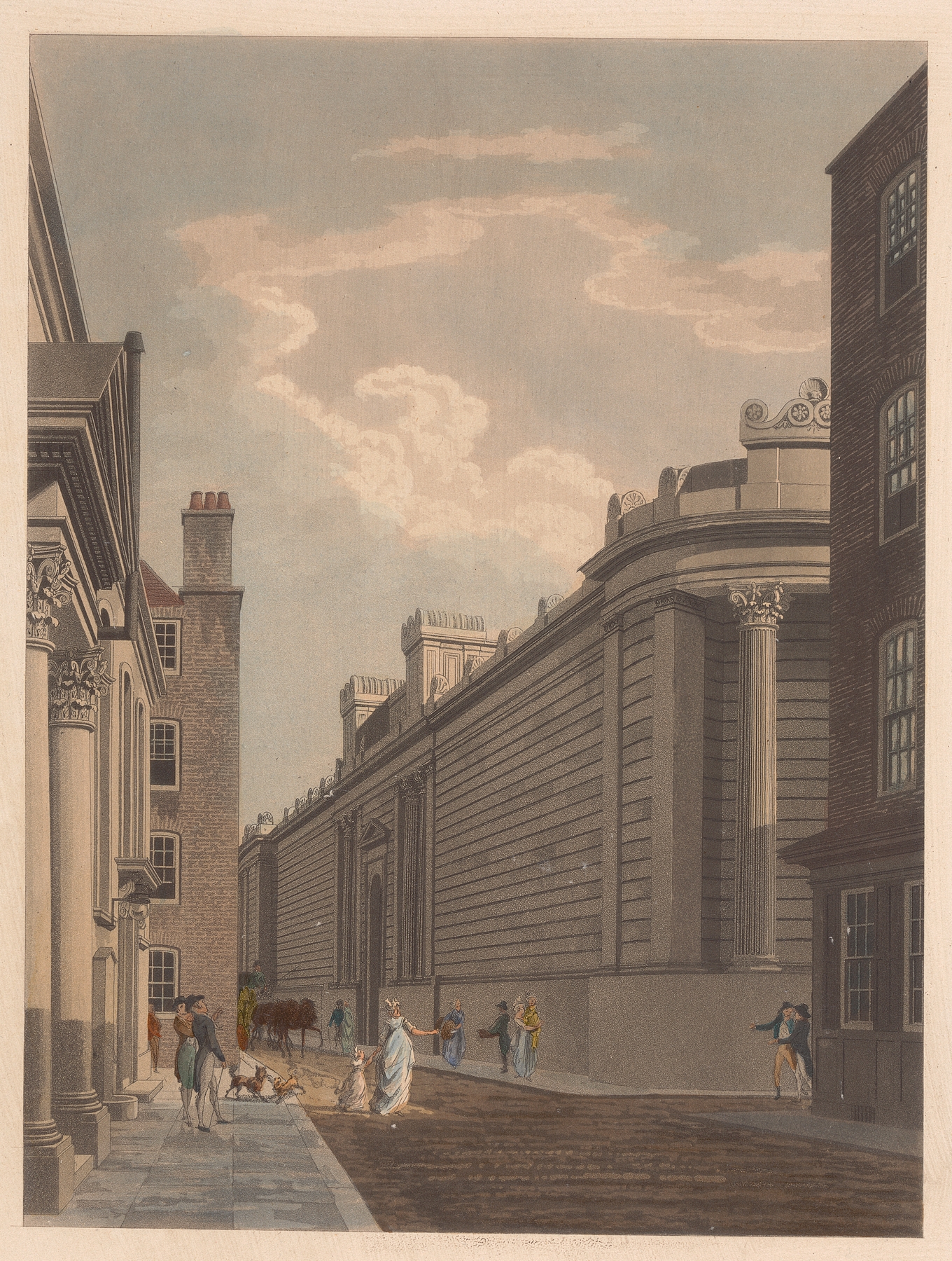 North Front of the Bank, by Thomas Malton, public domain