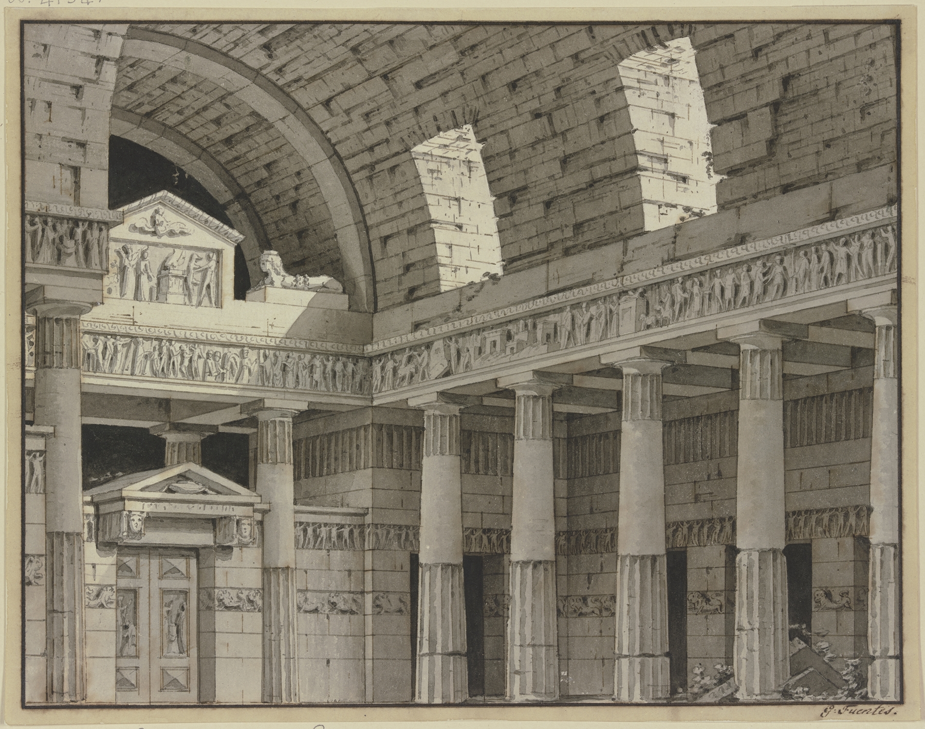 Neoclassical architecture featuring columns and a sphinx by Giorgio Fuentes