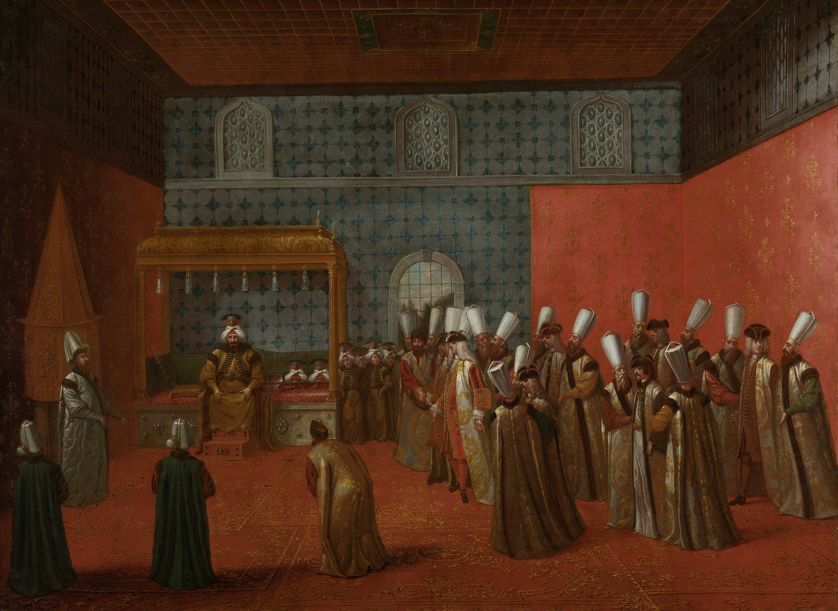 Historical scene of Ambassador Calkoen with Sultan Ahmed III, oil on canvas by Jean Baptiste Vanmour.