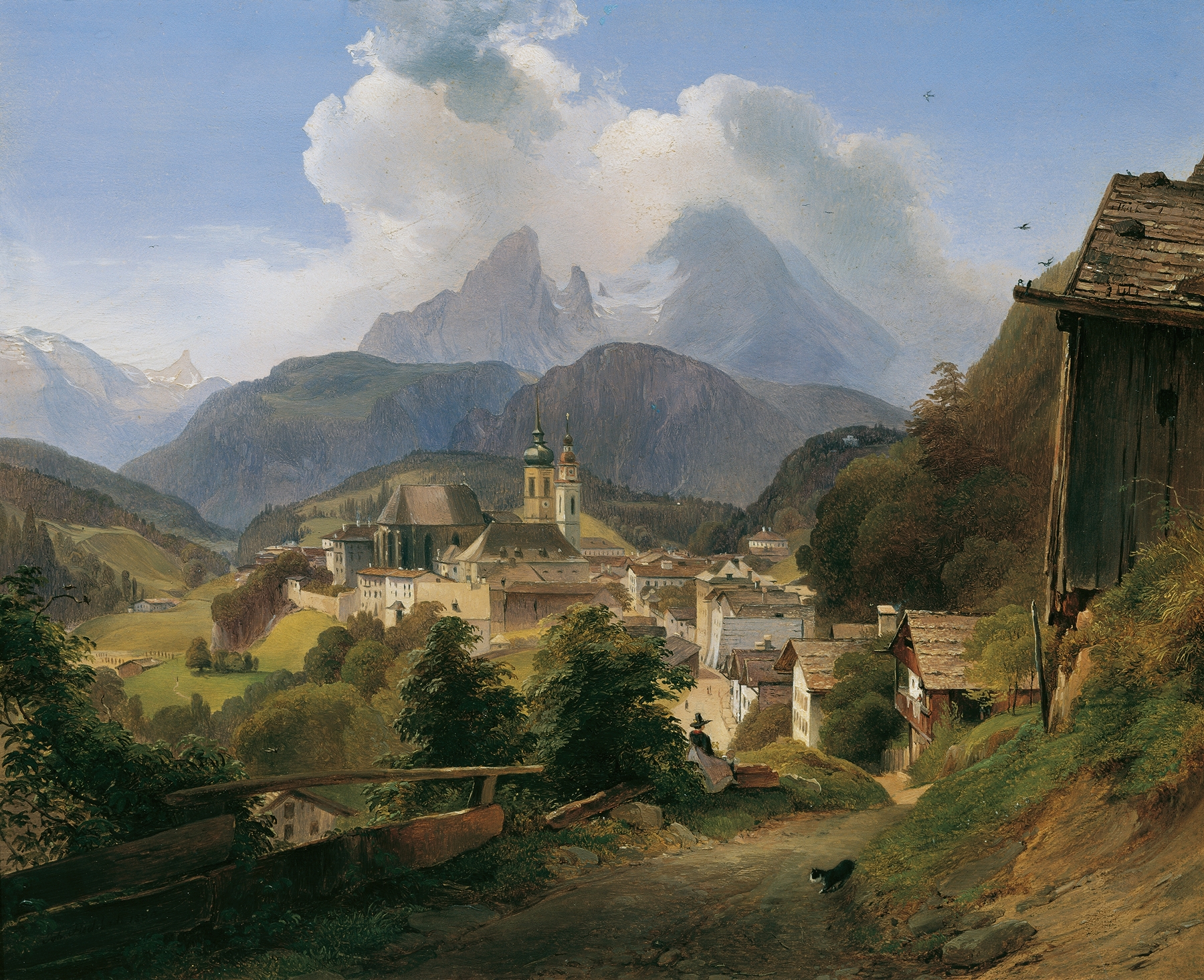Landscape of Berchtesgaden with mountains, by Johann Fischbach, 1836, oil painting