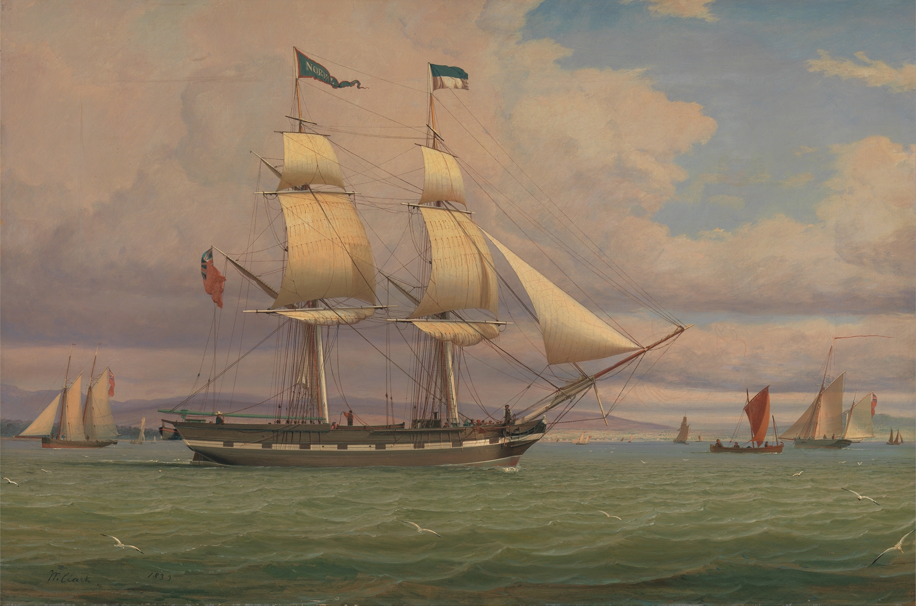 The English Brig ‘Norval’ before the Wind, oil painting by William Clark showing a ship in a stormy sea.