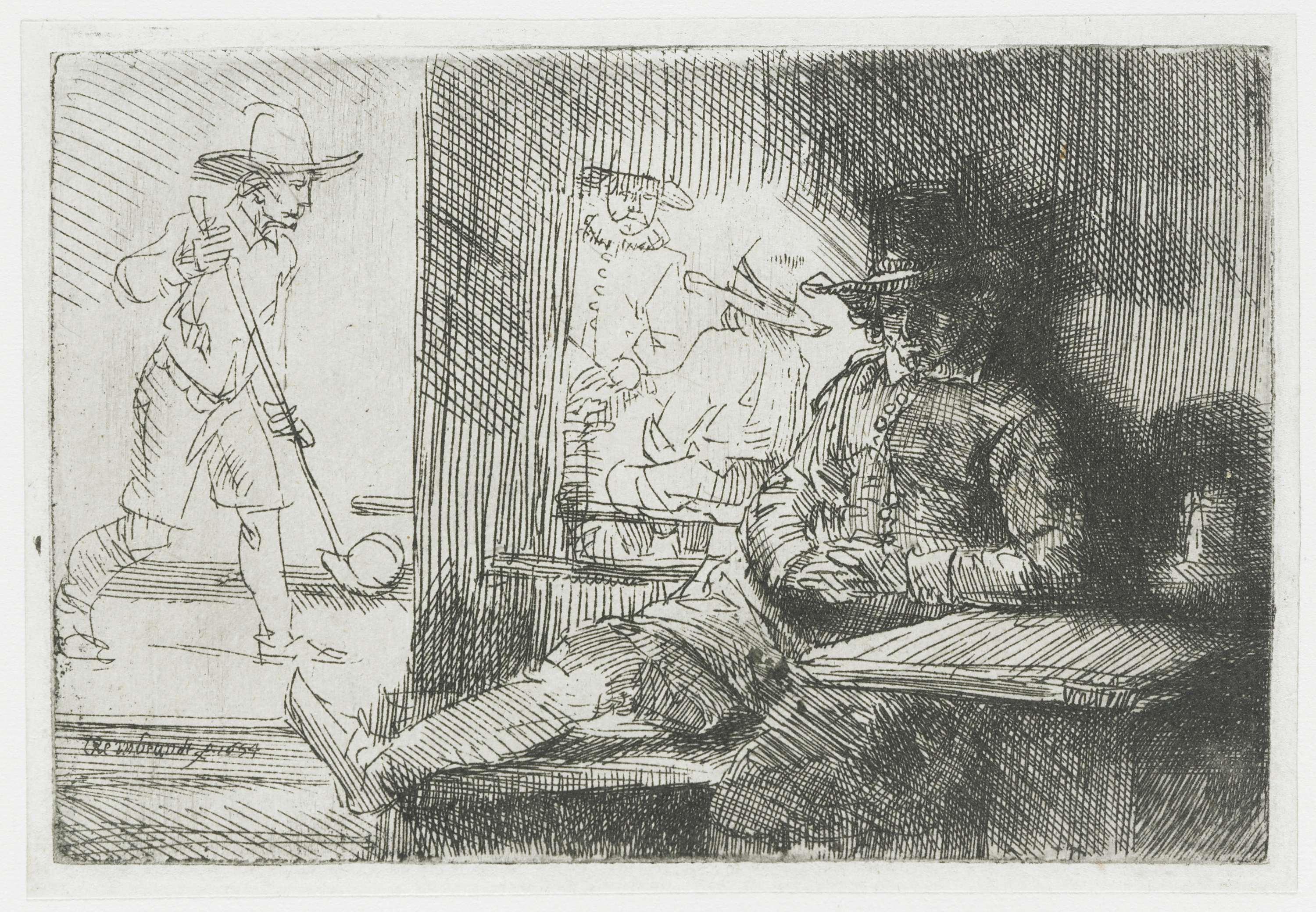 Etching by Rembrandt van Rijn depicting men playing ringball.
