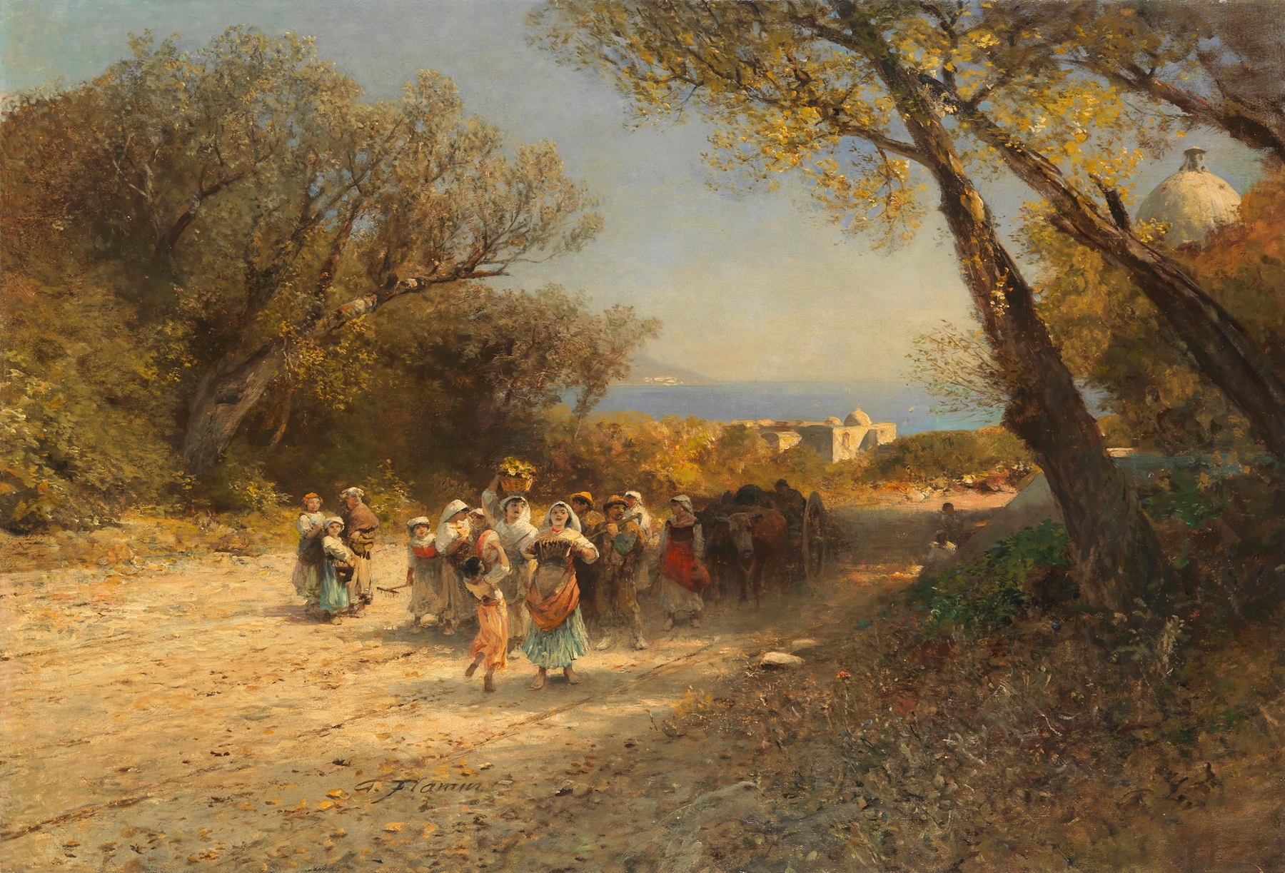 Oil painting by Albert Flamm depicting two farmers in a landscape after work.