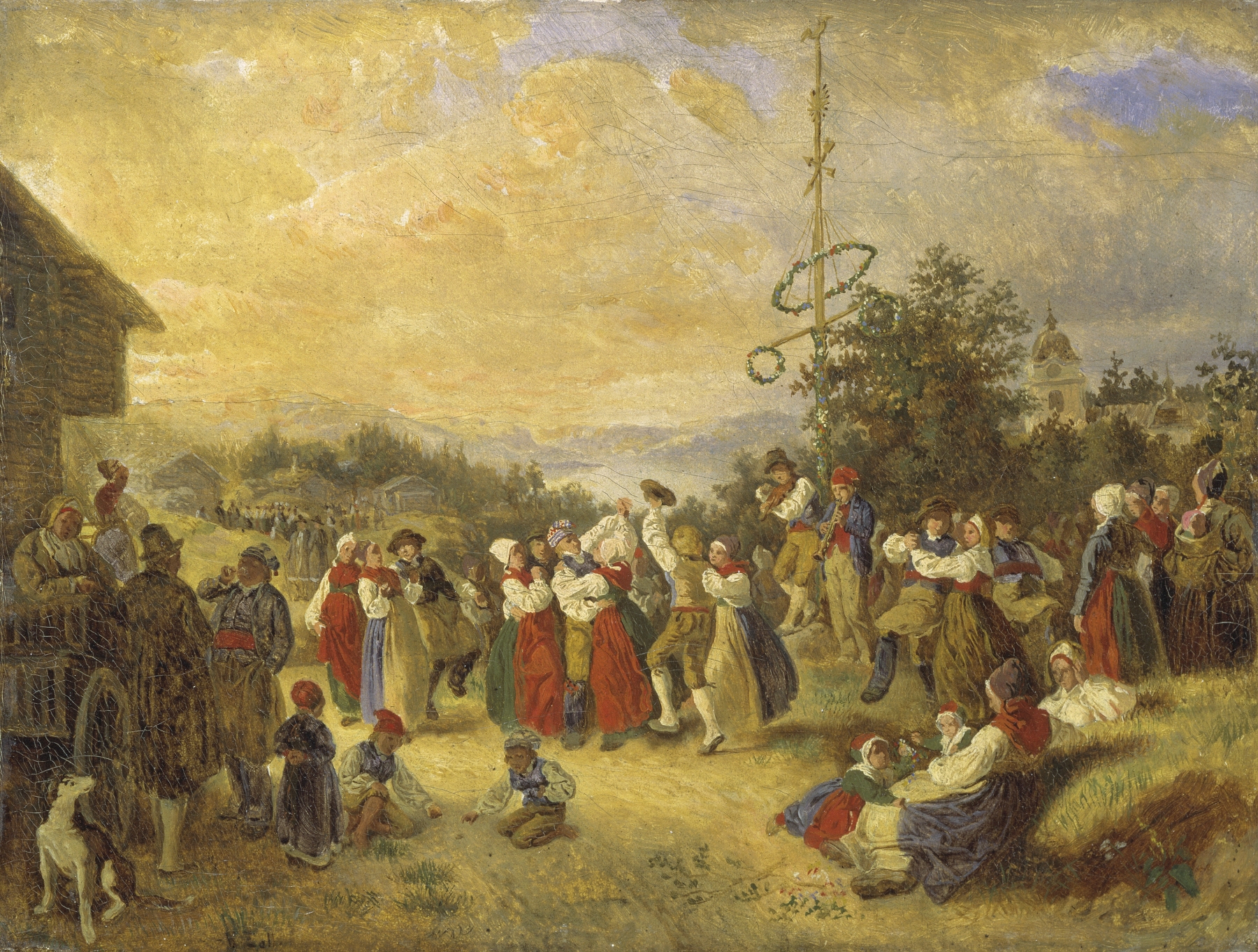 Midsummer Dance at Rättvik by Kilian Zoll, oil on canvas depicting dancers in traditional costumes.