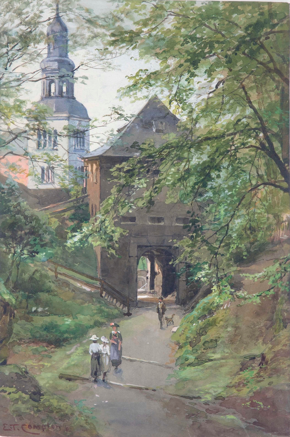 Landscape featuring silhouettes on Mönchsberg with Müllner Church, oil painting by Edward Theodore Compton