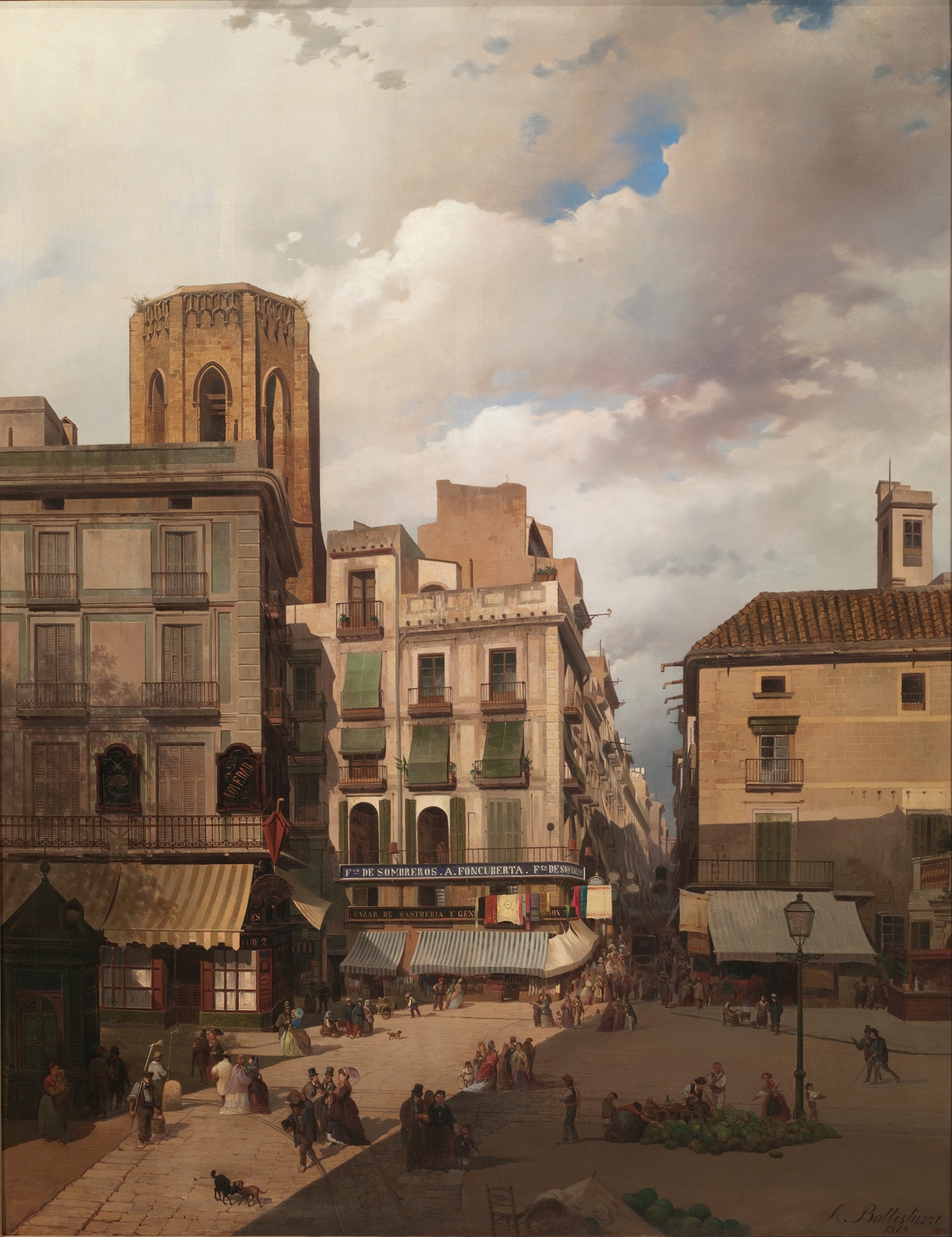 Genre scene depicting a market with fruits and vegetables by Aquiles Batiztutzzi, 1873