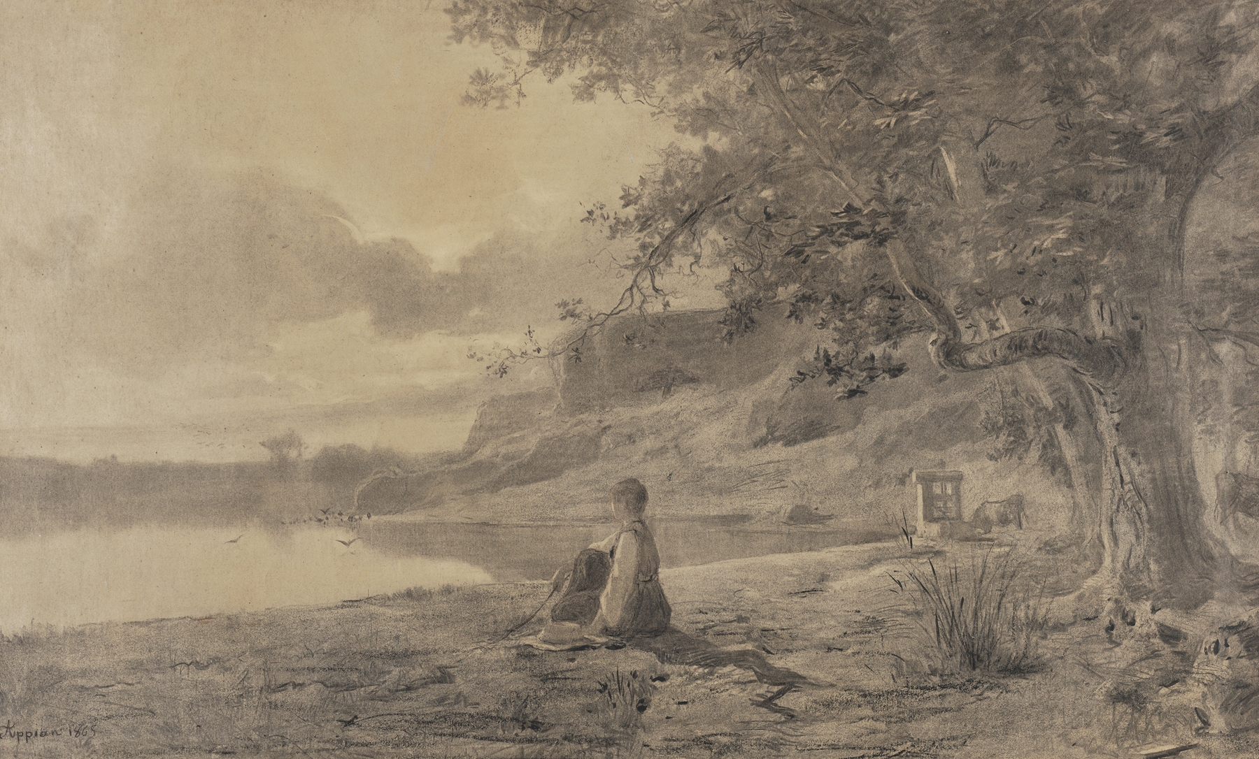 Woman seated by a pond, oil on canvas by Adolphe Appian, featuring reflections and nature.