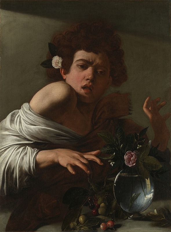 A young boy looks surprised as a lizard bites his finger in this Baroque painting.