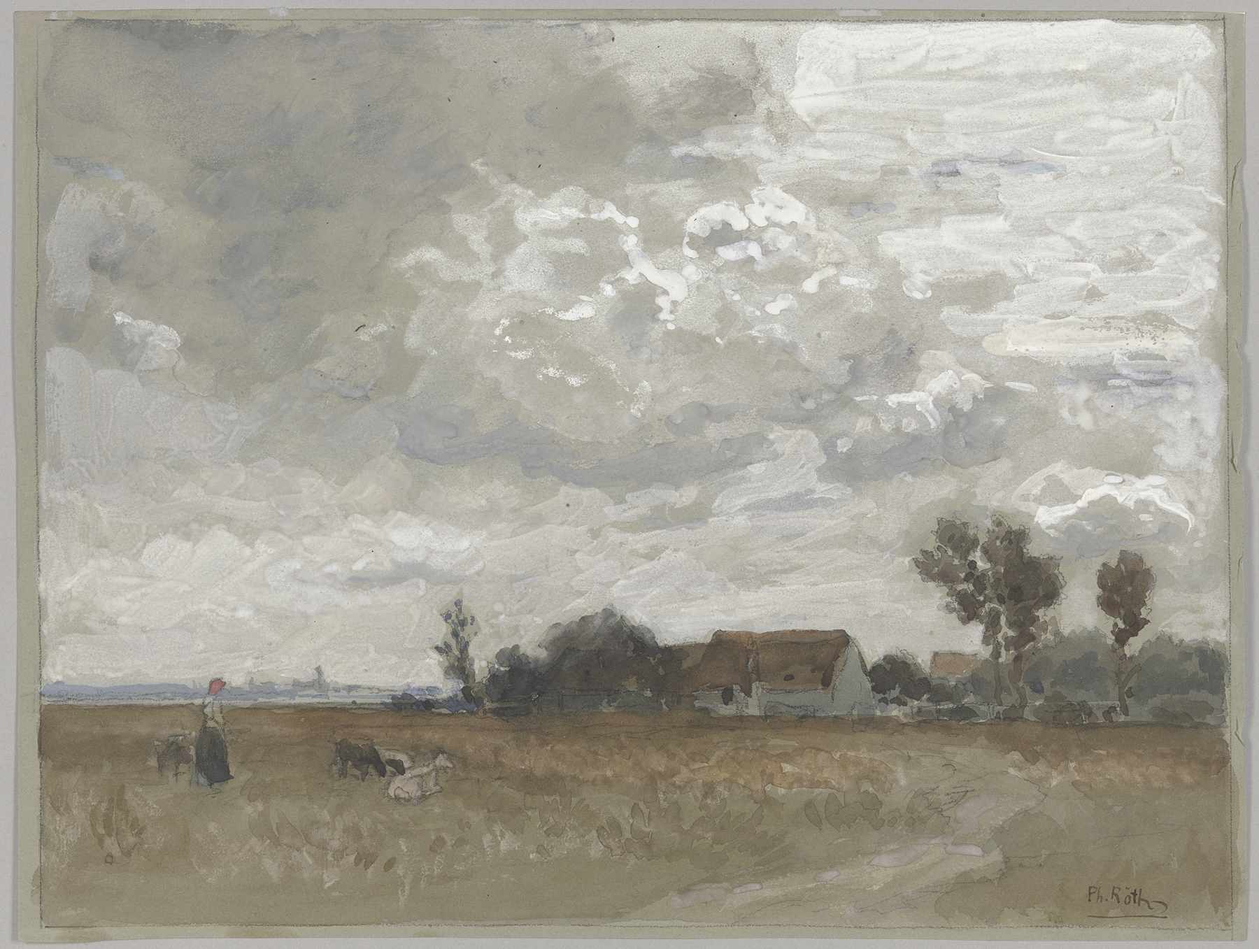 Figurative scene of a woman with goats in a pastoral landscape by Philipp Röth
