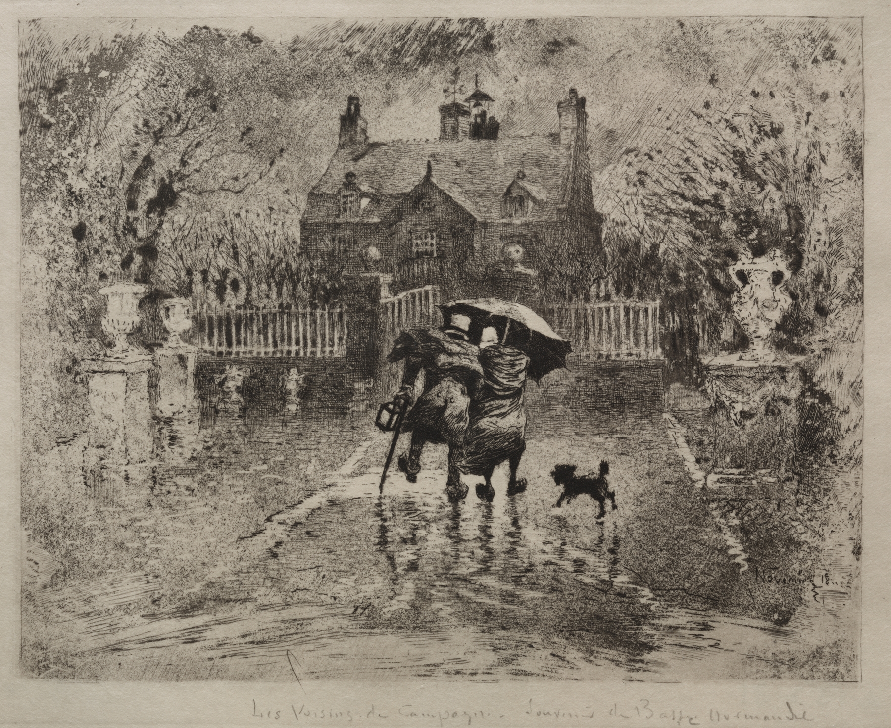 Country Neighbors etching by Félix Hilaire Buhot depicting two figures in conversation.